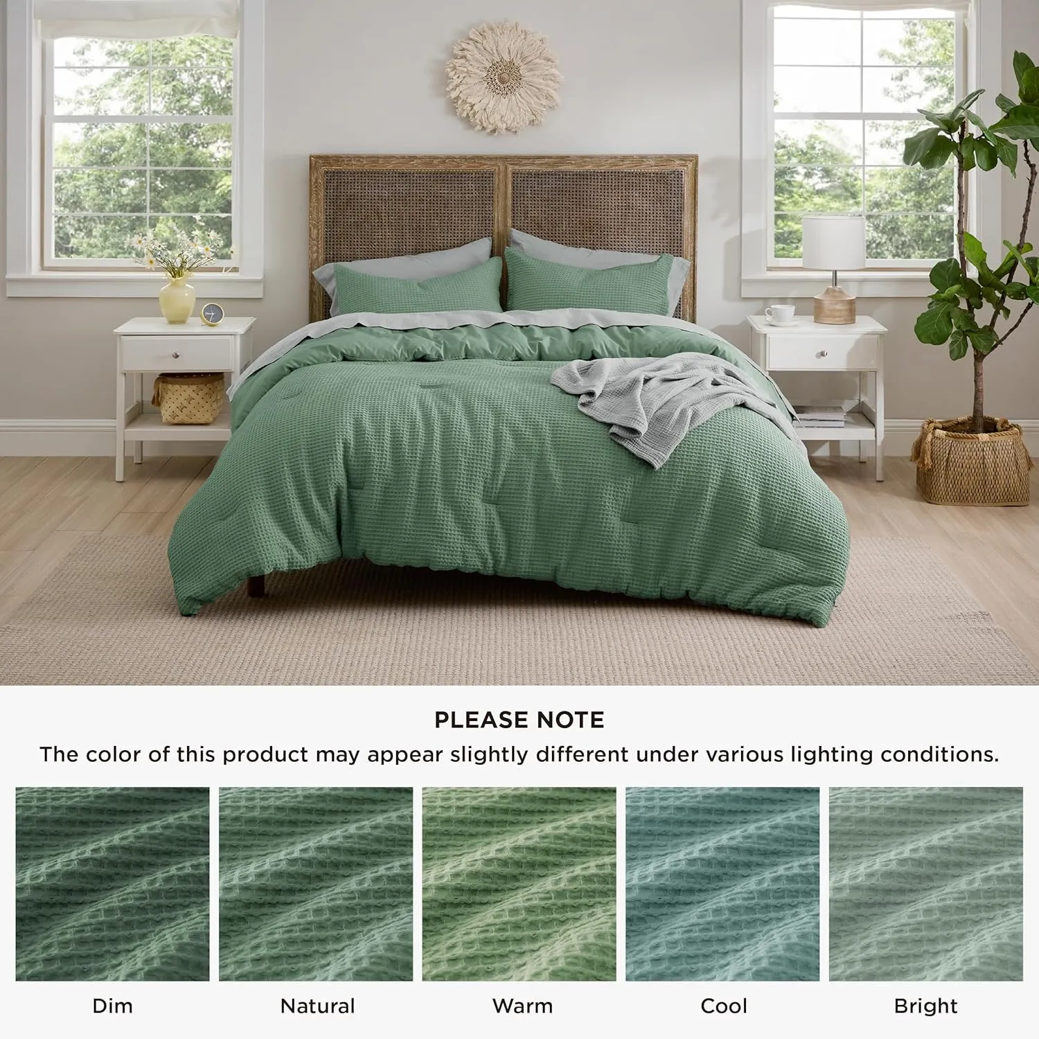 Bedsure Waffle Comforter Set Queen, Green Soft Cotton Bedding, Waffle Weave Bed Set, 3 Pieces, 1 Comforter (90"x90") and 2 Pillow Shams, Premium Cotton Cover with Polyester Fill for All Seasons