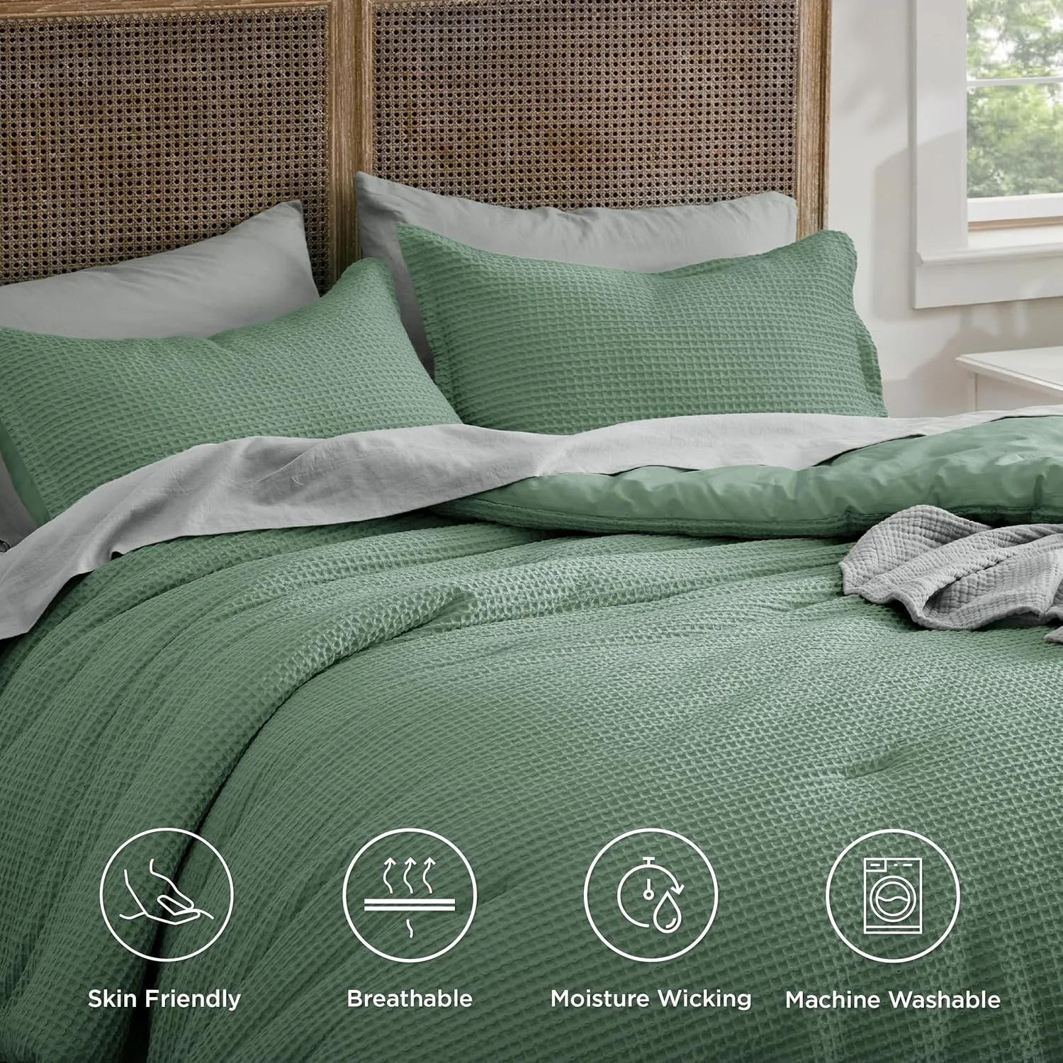 Bedsure Waffle Comforter Set Queen, Green Soft Cotton Bedding, Waffle Weave Bed Set, 3 Pieces, 1 Comforter (90"x90") and 2 Pillow Shams, Premium Cotton Cover with Polyester Fill for All Seasons