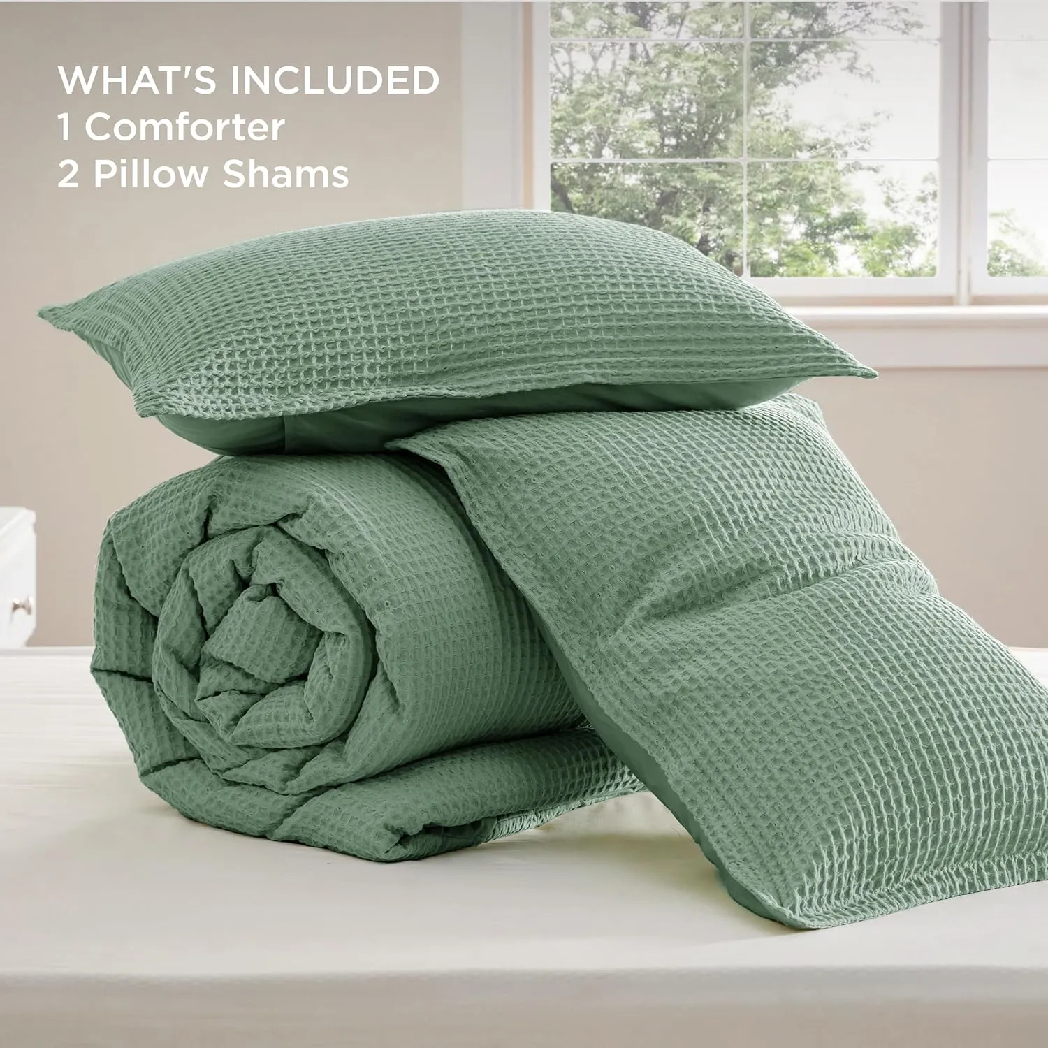 Bedsure Waffle Comforter Set Queen, Green Soft Cotton Bedding, Waffle Weave Bed Set, 3 Pieces, 1 Comforter (90"x90") and 2 Pillow Shams, Premium Cotton Cover with Polyester Fill for All Seasons