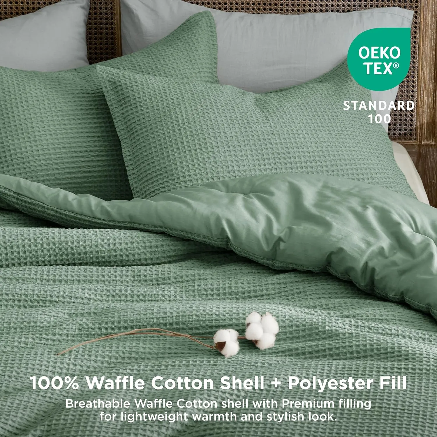 Bedsure Waffle Comforter Set Queen, Green Soft Cotton Bedding, Waffle Weave Bed Set, 3 Pieces, 1 Comforter (90"x90") and 2 Pillow Shams, Premium Cotton Cover with Polyester Fill for All Seasons