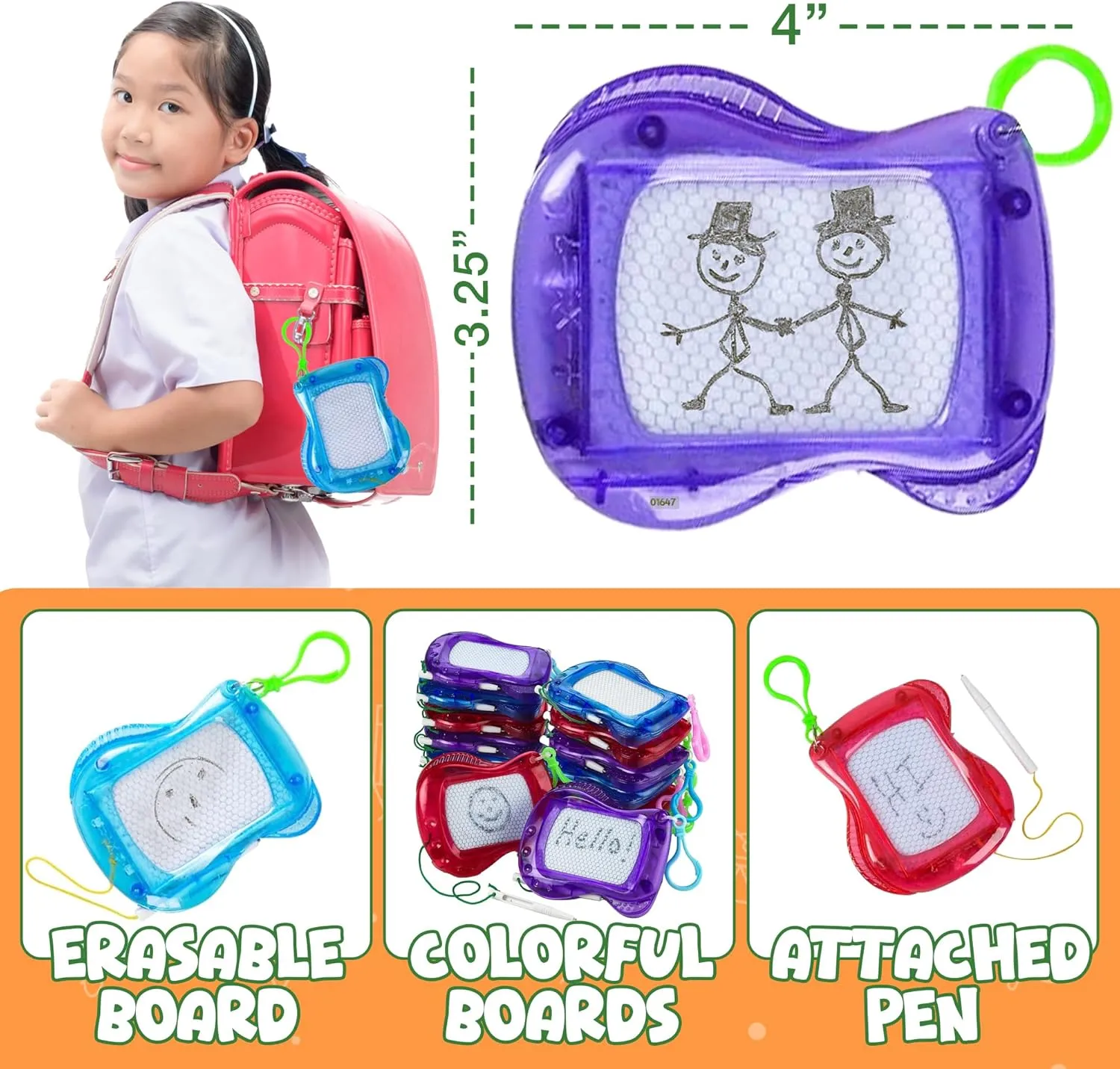 Bedwina Mini Magnetic Drawing Board for Kids - (Pack of 12) Backpack Keychain Clip Drawing Boards, Erasable Doodle Sketch Writing Pad Boys & Girls, Birthday Kids Party Favors