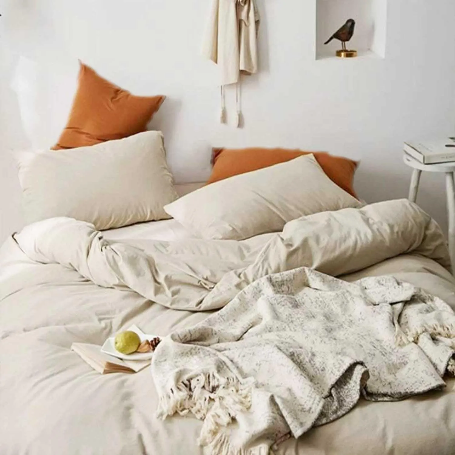Beige Boho Comforter Full Size, 3 Piece Soft Light Khaki Modern Bedding Set & Collections, Lightweight All Season Bed Quilt Blanket with 2 Pillow Shams for Women Men