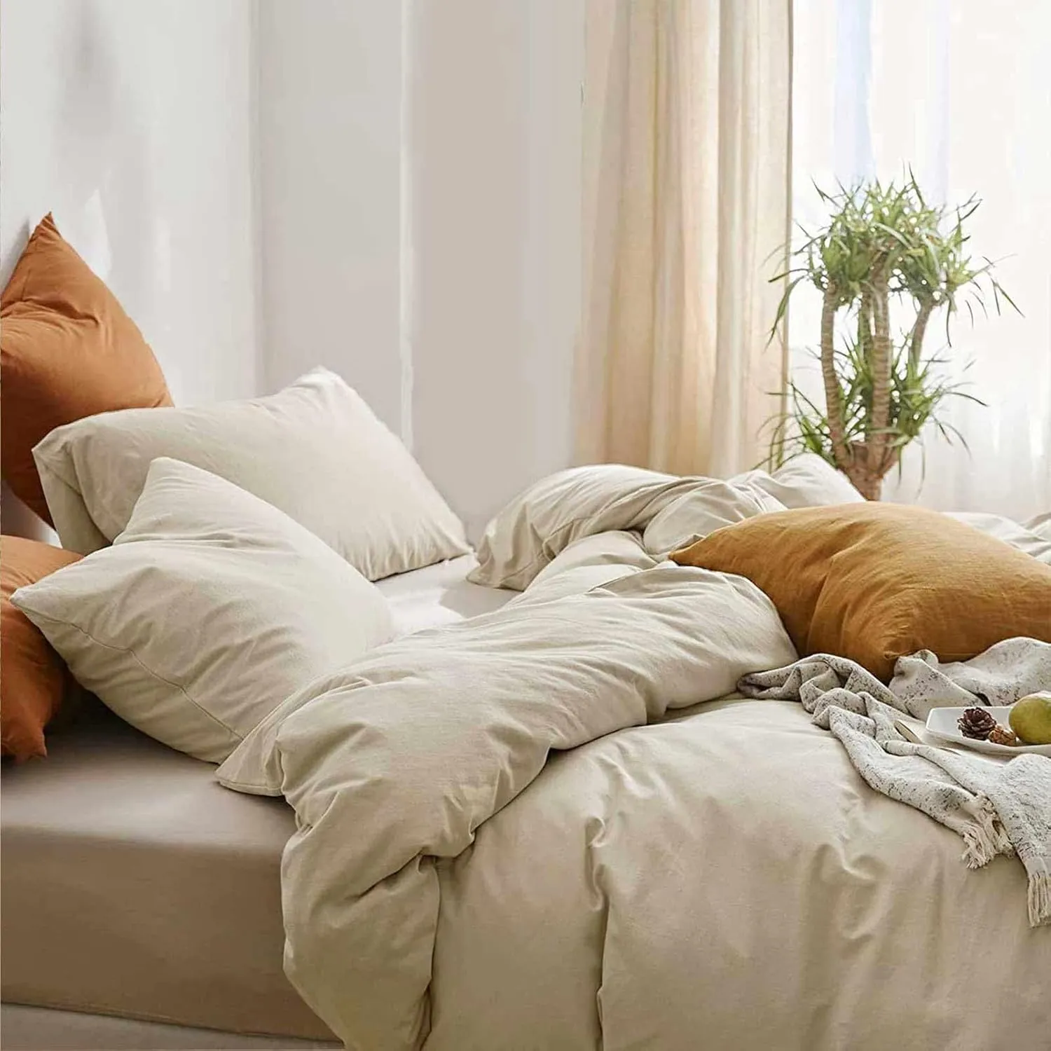 Beige Boho Comforter Full Size, 3 Piece Soft Light Khaki Modern Bedding Set & Collections, Lightweight All Season Bed Quilt Blanket with 2 Pillow Shams for Women Men