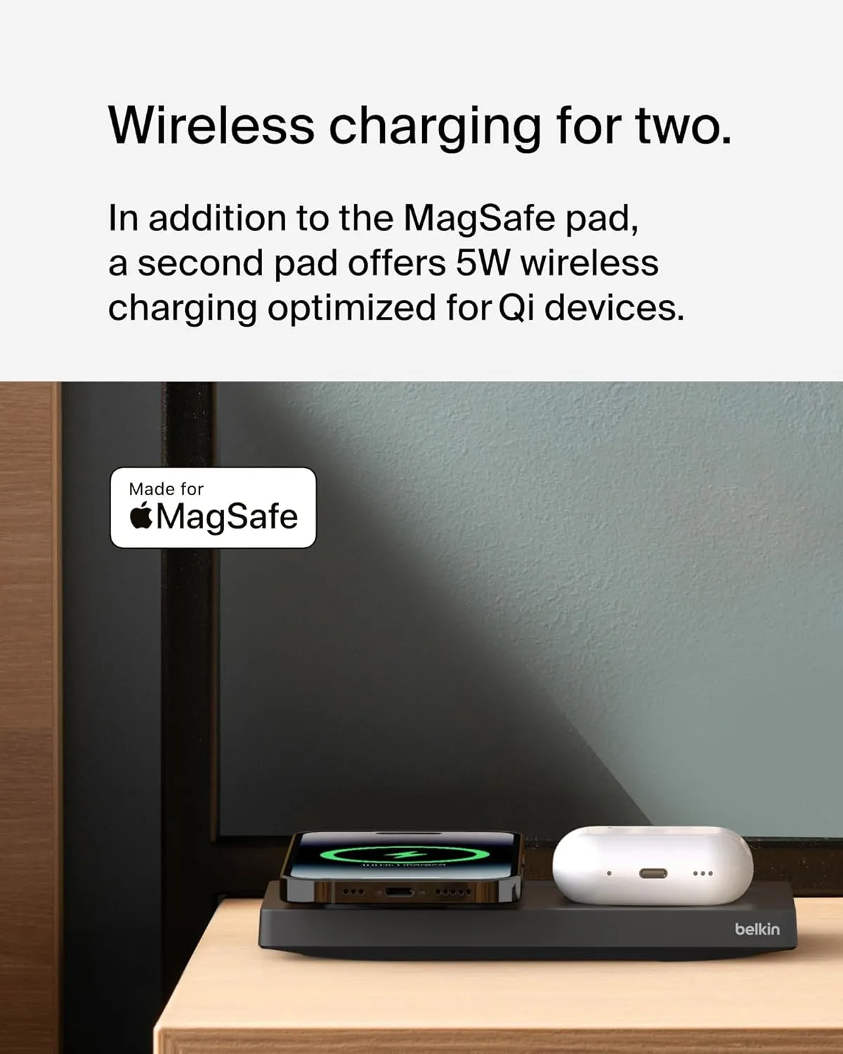 Belkin 2-in-1 Wireless Charging Pad with MagSafe 15W, Fast Charging iPhone Charger - Wireless Charging Station for iPhone 16, 15, 14, and 13 Series, AirPods, and Other MagSafe Enabled Devices - Black