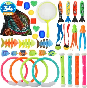 BELLOCHIDDO Pool Diving Toys Games - 34 PCS Swimming Pool Toys Underwater Dive Gifts with Storage Bag Summer Pool Toys for Kids Ages 8-12, Training Diving Swim Toys for Boys Girls Toddlers