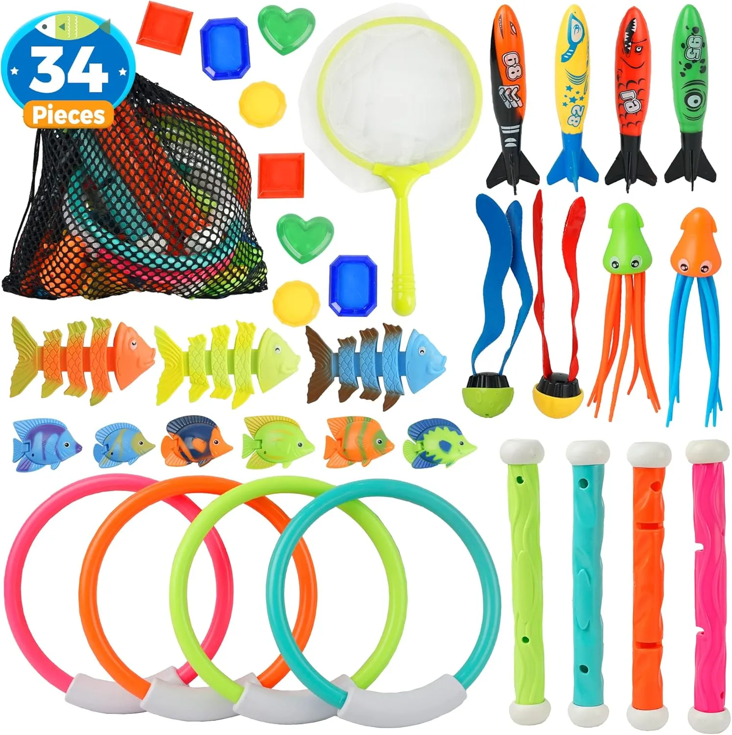BELLOCHIDDO Pool Diving Toys Games - 34 PCS Swimming Pool Toys Underwater Dive Gifts with Storage Bag Summer Pool Toys for Kids Ages 8-12, Training Diving Swim Toys for Boys Girls Toddlers