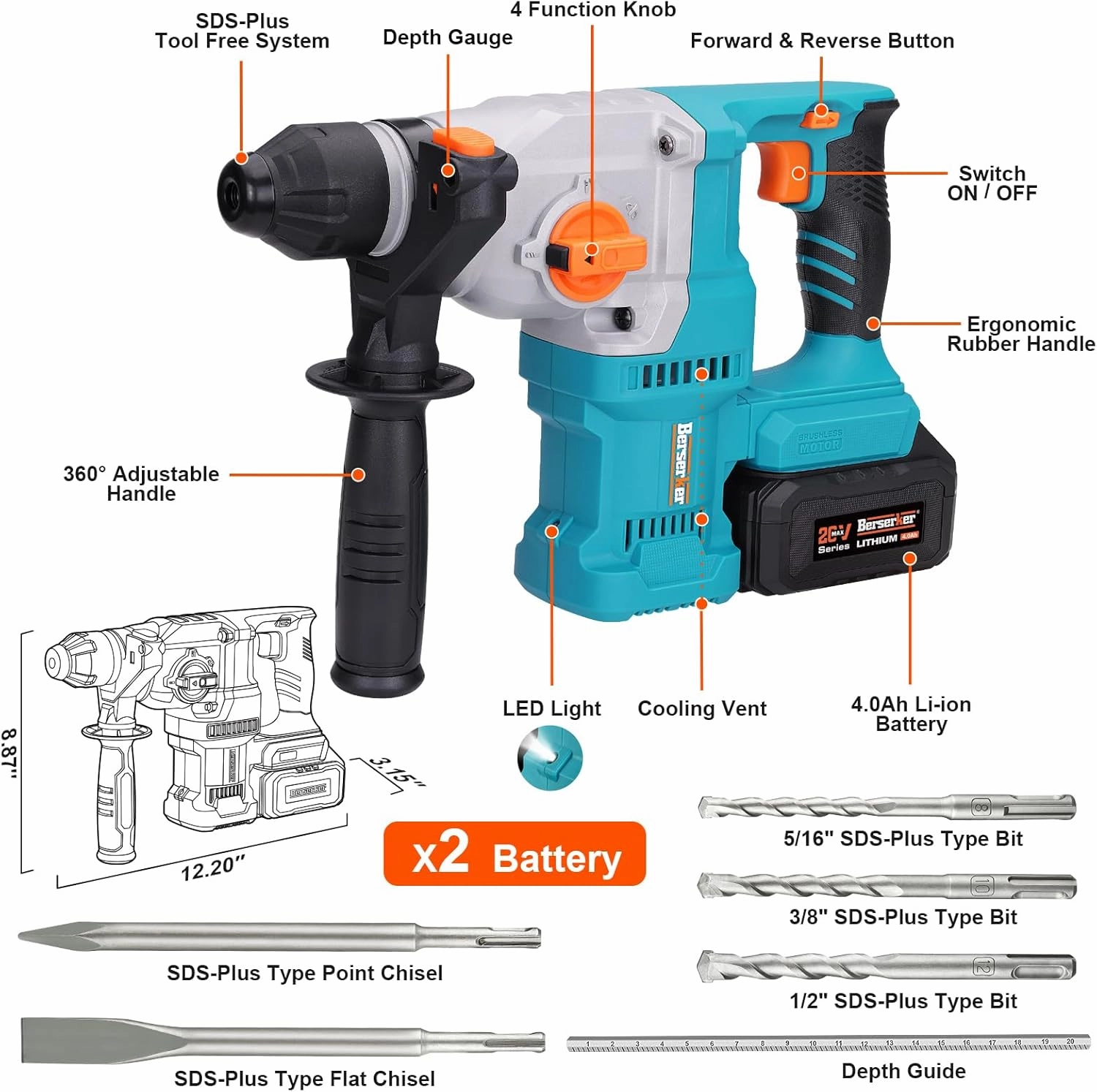 Berserker 20V Cordless 1-1/8" Rotary Hammer Drill SDS-Plus Brushless Motor included 2X4.0Ah Li-ion Battery with Dual Kickback Control,3.0A Fast Charger,4 Mode Variable Speed Rotomartillo for Concrete