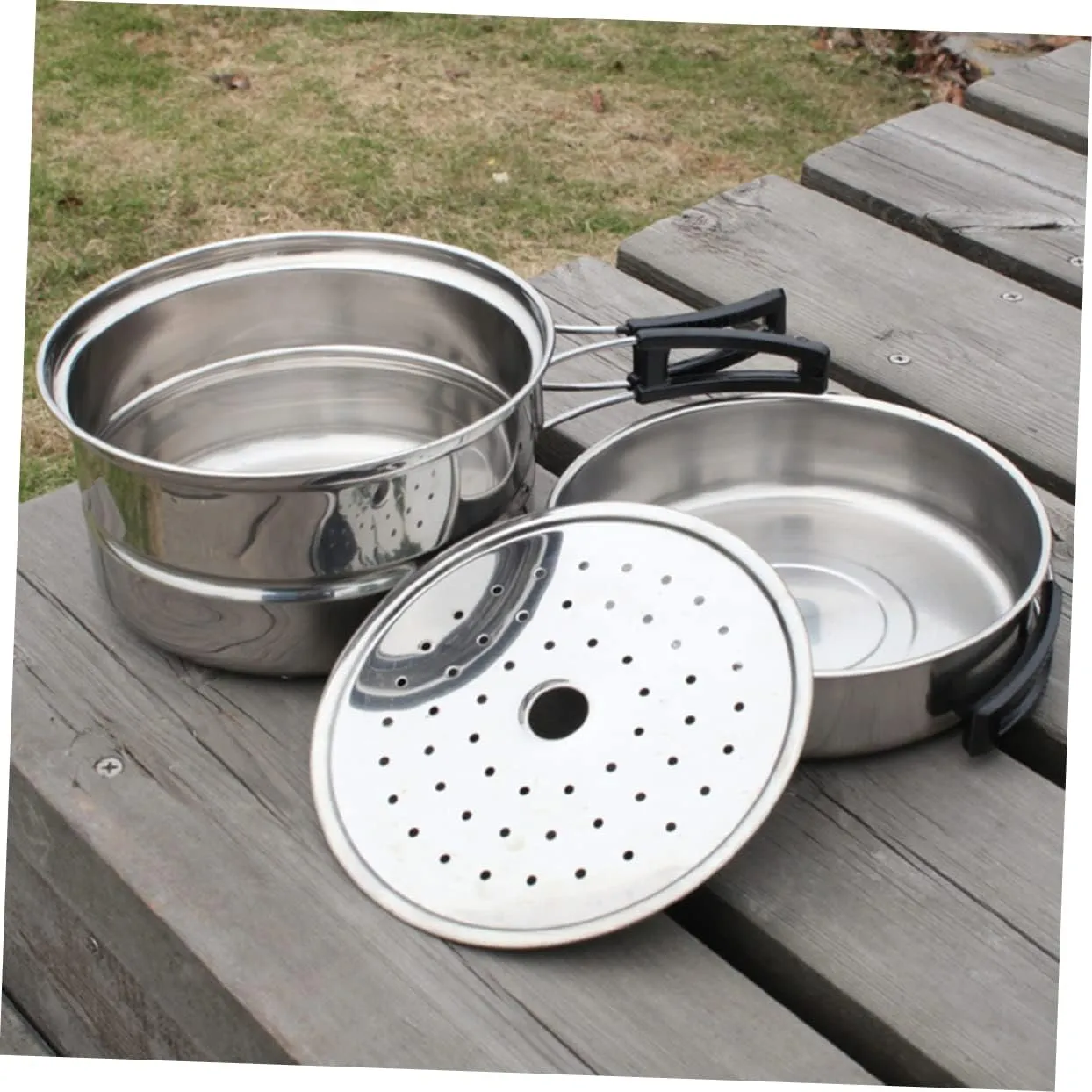 BESPORTBLE 1 Set 3pcs Camping Pan Camping Pots Camping Cooking Utensils Stainless Cookware Outdoor Cookware Outdoor
