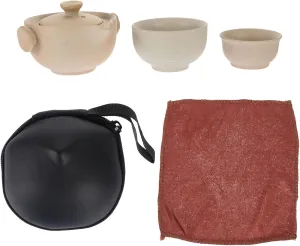 BIENKA 1 Set Portable Travel Tea Sets Chinese Pottery Kungfu Tea Set with Teapot Tea Cups Tea Towel and Travel Bag Tea Service Drinking Set for Home Travel Office Outdoor Gifts Beige