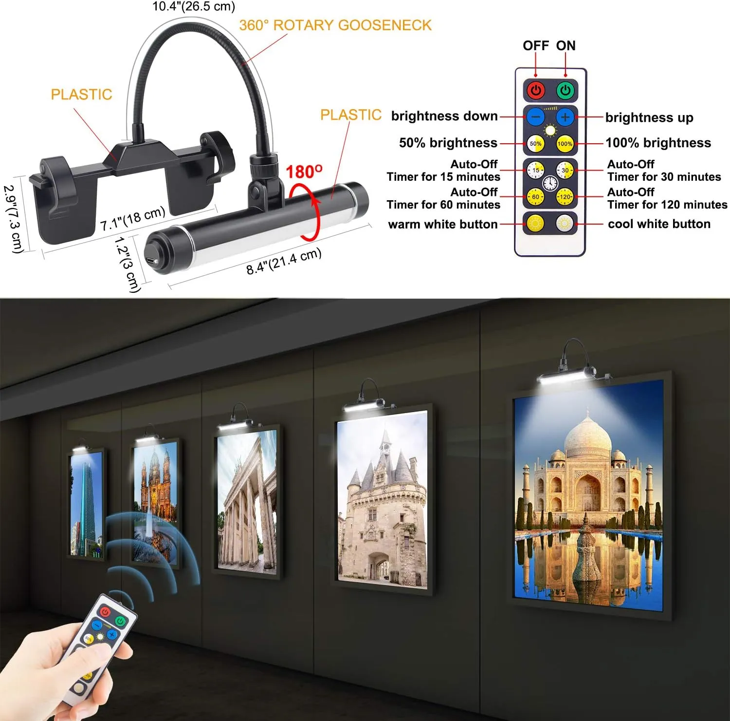BIGMONAT Cordless Picture Light, Rechargeable Display Lamp, Clip on Painging Frame, Led Art Light with Timer, Dimmable Painting Light 3 Lighting Modes for Dart Board
