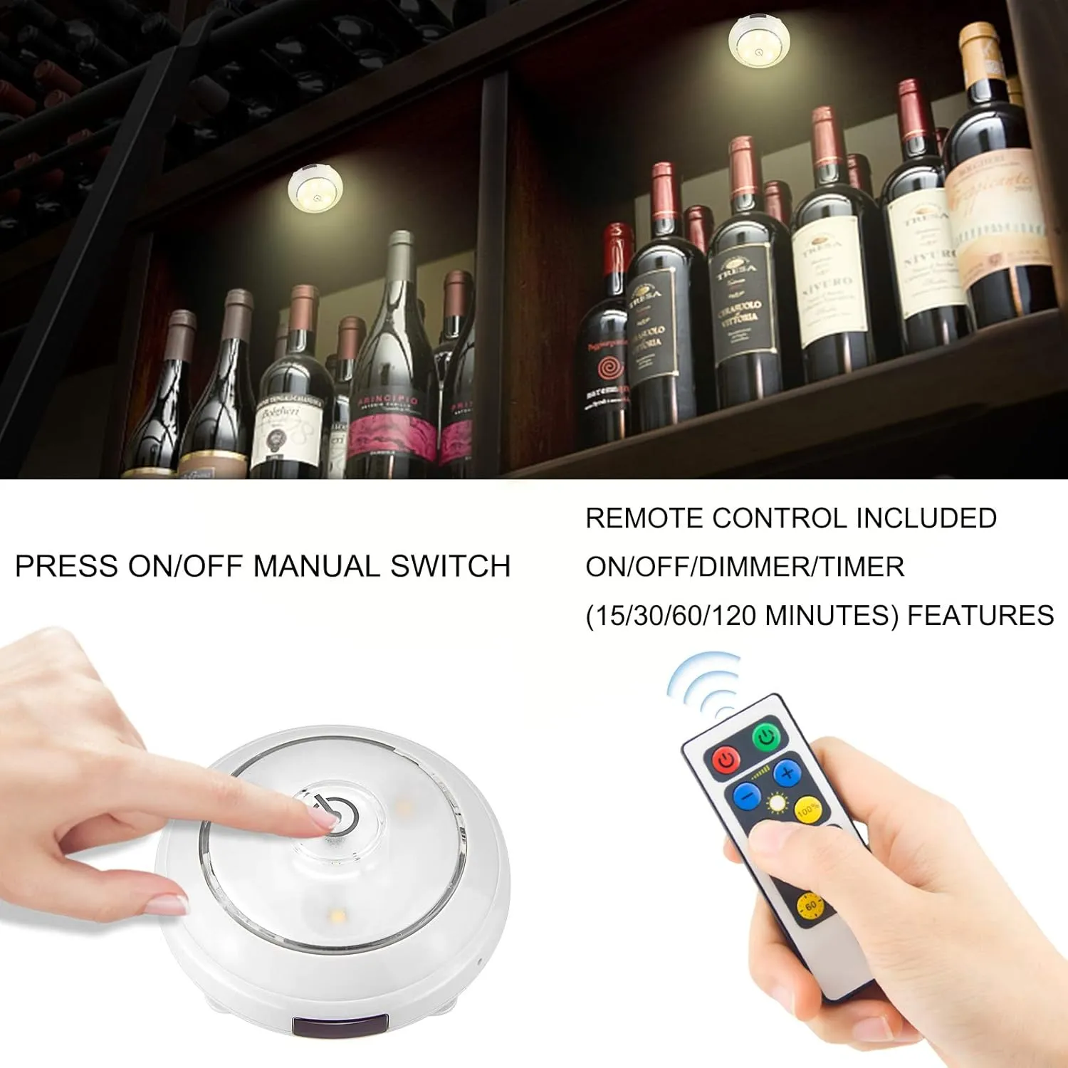 BIGMONAT Wireless LED Puck Light, Battery Operated Mini Under Cabinet Light with Remote Control, Stick On Lights for Closet, Kitchen, Under Counter Lighting (White, 6Pack)