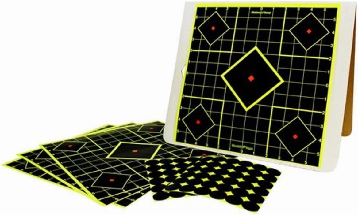 BIRCHWOOD CASEY Shoot-N-C 12" Sight-In Target Kit for Shooting - Easy to Assemble Heavy-Duty Self-Standing Cardboard A-Frame Target Stand & 4 12" Self-Adhesive Reactive Targets with 72 Repair Pasters