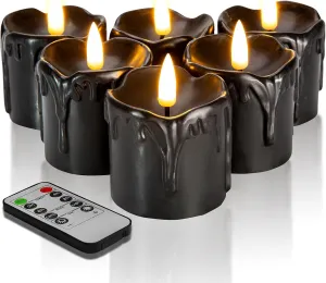 Black Dripping Wax Flameless Votive Candles with Remote Batteries, Flickering Halloween LED Candles Set of 6