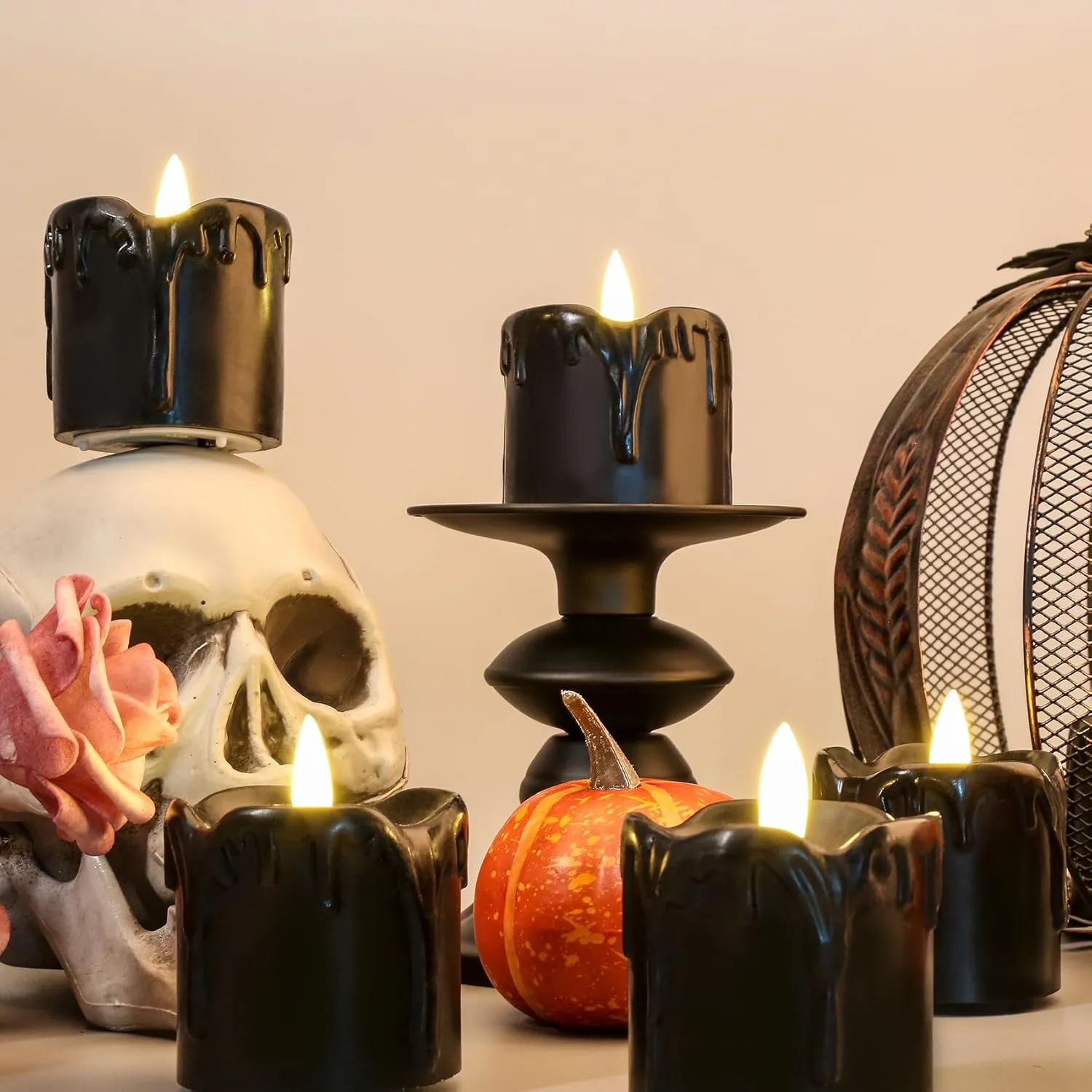 Black Dripping Wax Flameless Votive Candles with Remote Batteries, Flickering Halloween LED Candles Set of 6