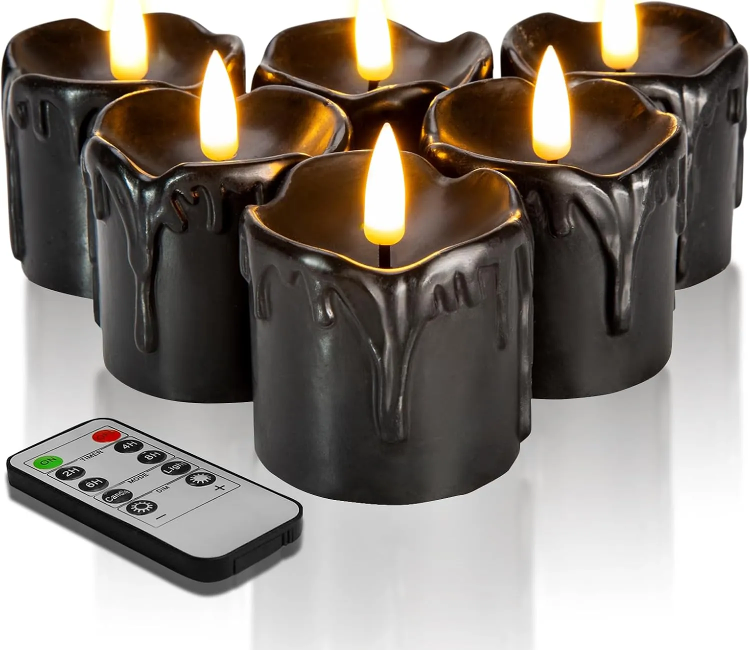 Black Dripping Wax Flameless Votive Candles with Remote Batteries, Flickering Halloween LED Candles Set of 6