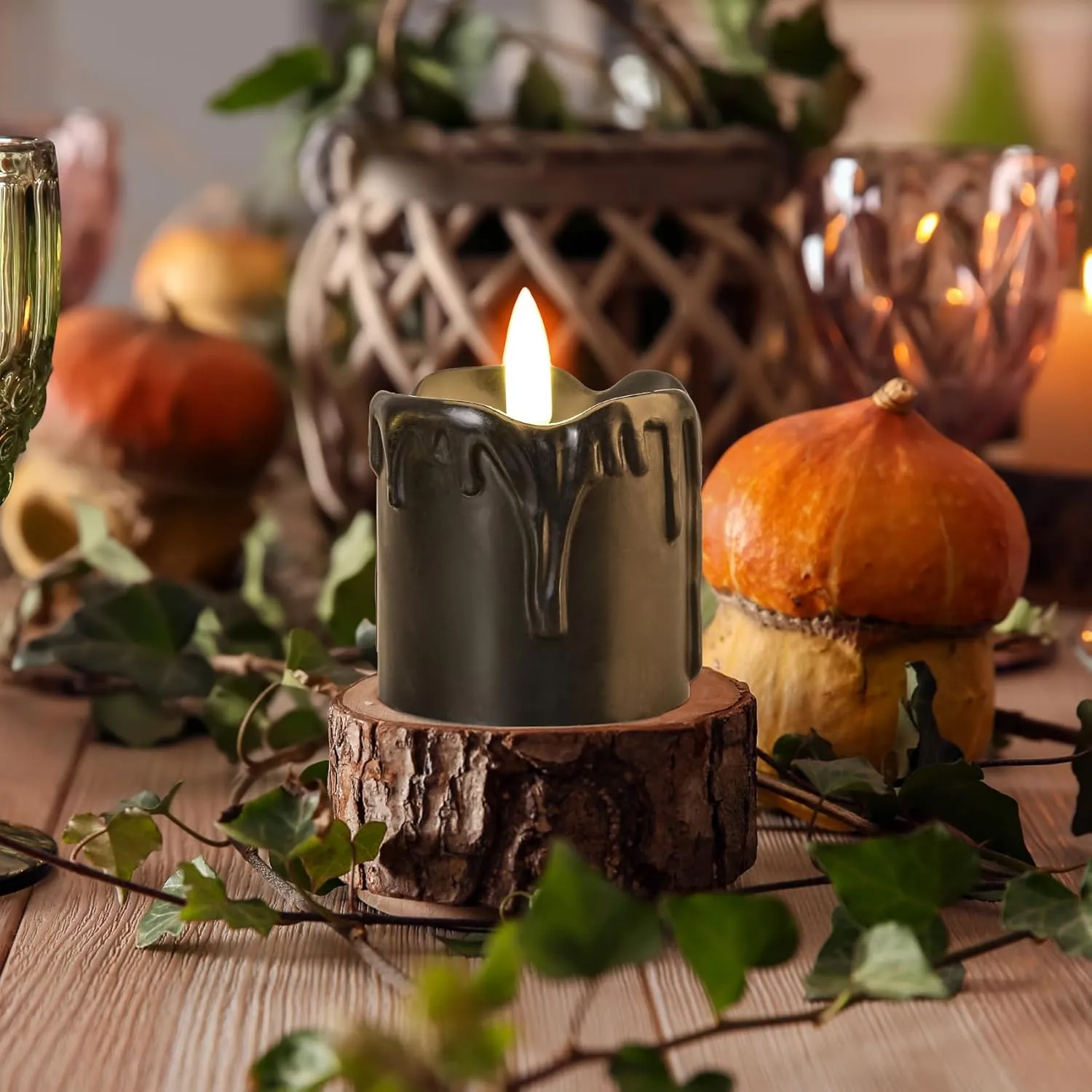Black Dripping Wax Flameless Votive Candles with Remote Batteries, Flickering Halloween LED Candles Set of 6