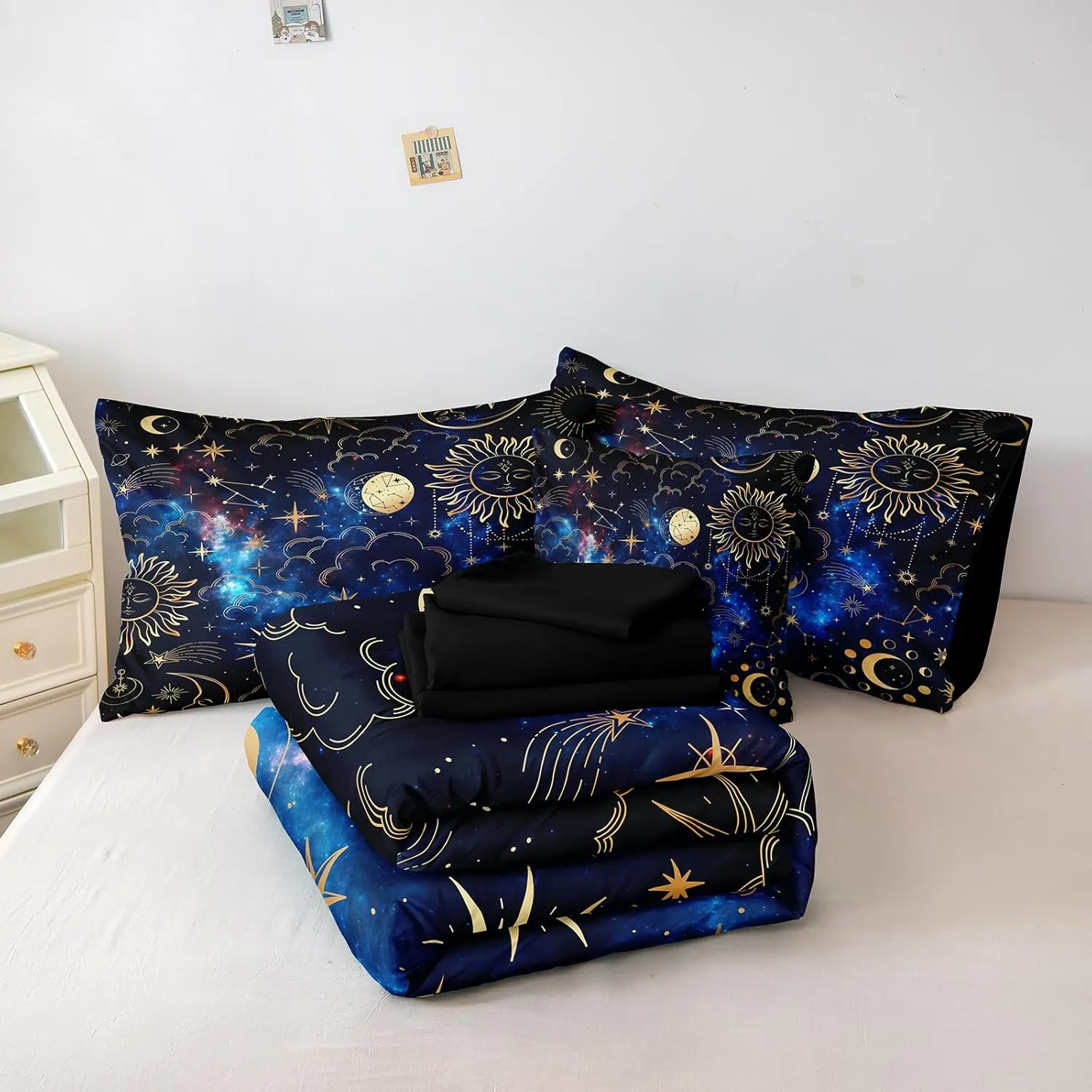 Black Purple Full Size Bed in a Bag Sun and Moon Bedding Set Mysterious Space Home Decor Romantic Galaxy Down Comforter Set Black Sheet Set 8 Pcs Soft Microfiber for Kids Adults