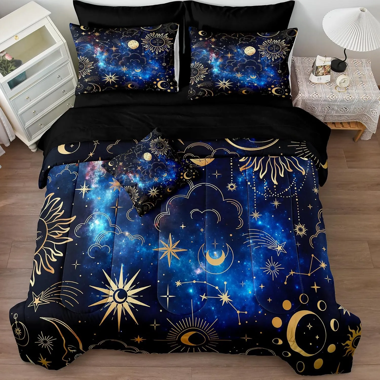 Black Purple Full Size Bed in a Bag Sun and Moon Bedding Set Mysterious Space Home Decor Romantic Galaxy Down Comforter Set Black Sheet Set 8 Pcs Soft Microfiber for Kids Adults