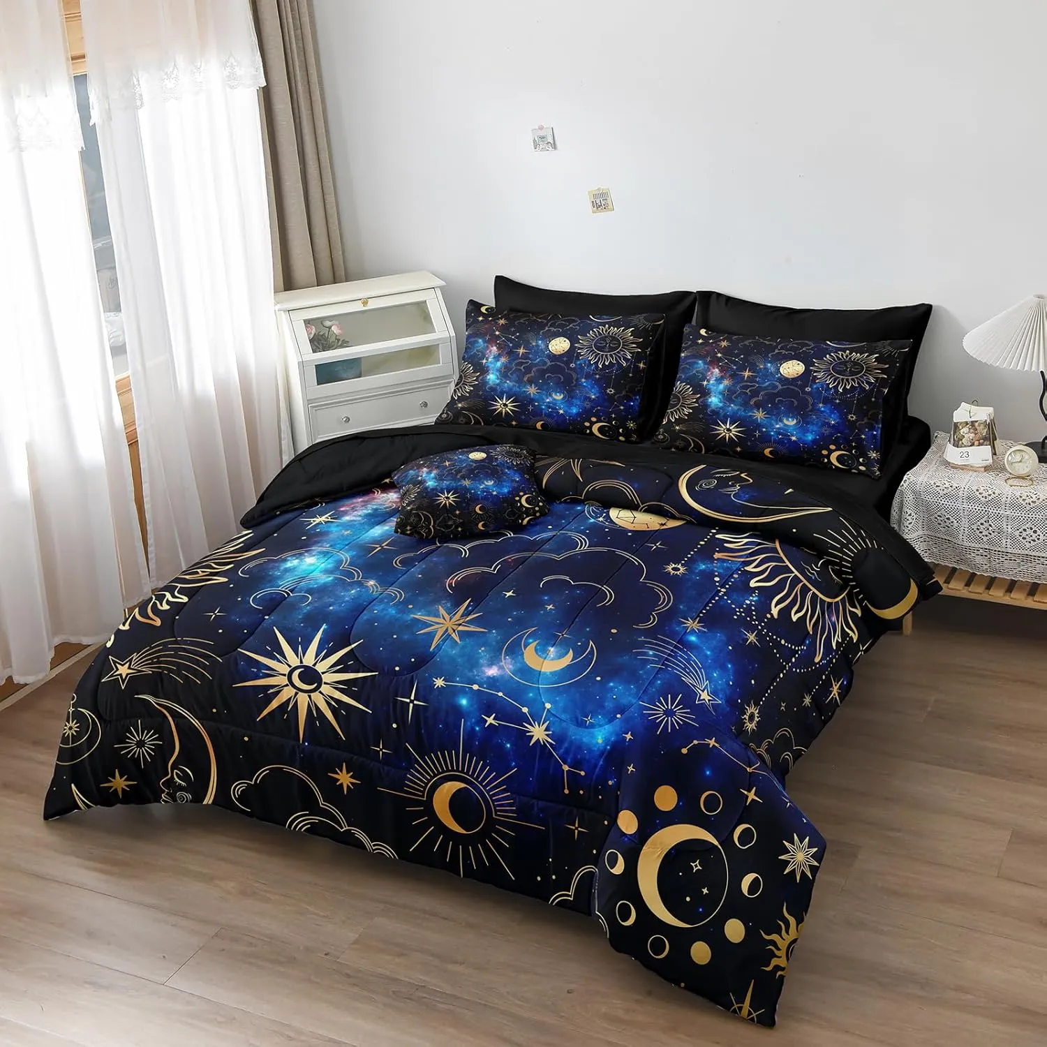 Black Purple Full Size Bed in a Bag Sun and Moon Bedding Set Mysterious Space Home Decor Romantic Galaxy Down Comforter Set Black Sheet Set 8 Pcs Soft Microfiber for Kids Adults