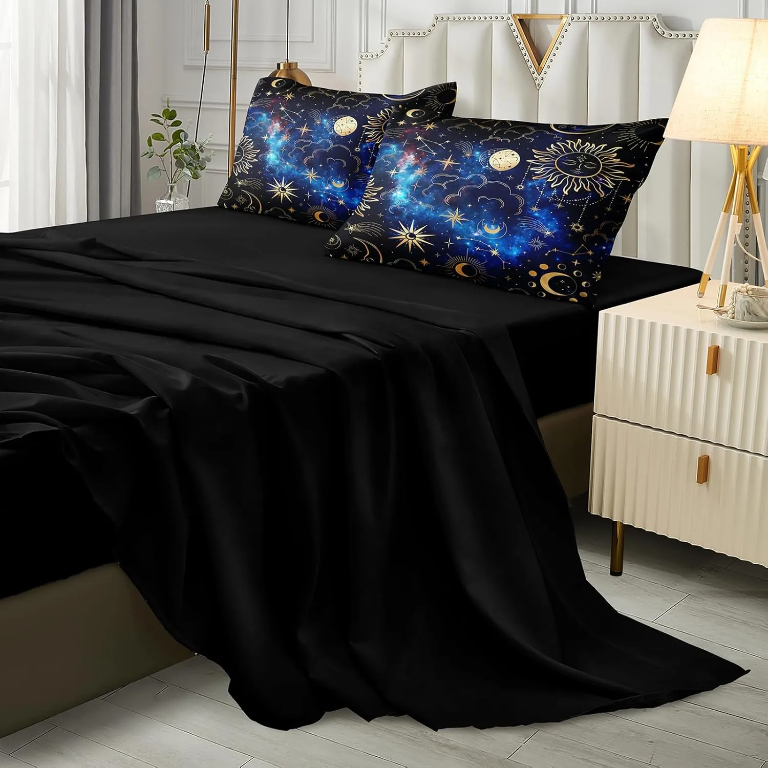 Black Purple Full Size Bed in a Bag Sun and Moon Bedding Set Mysterious Space Home Decor Romantic Galaxy Down Comforter Set Black Sheet Set 8 Pcs Soft Microfiber for Kids Adults