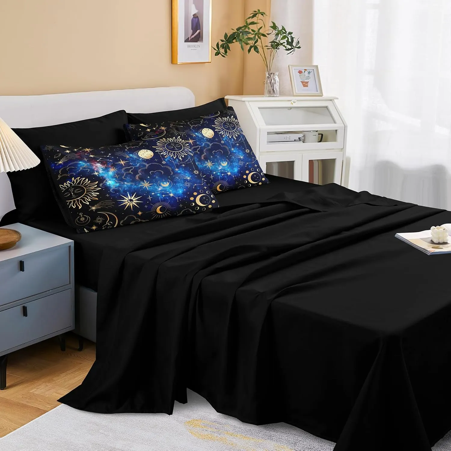 Black Purple Full Size Bed in a Bag Sun and Moon Bedding Set Mysterious Space Home Decor Romantic Galaxy Down Comforter Set Black Sheet Set 8 Pcs Soft Microfiber for Kids Adults