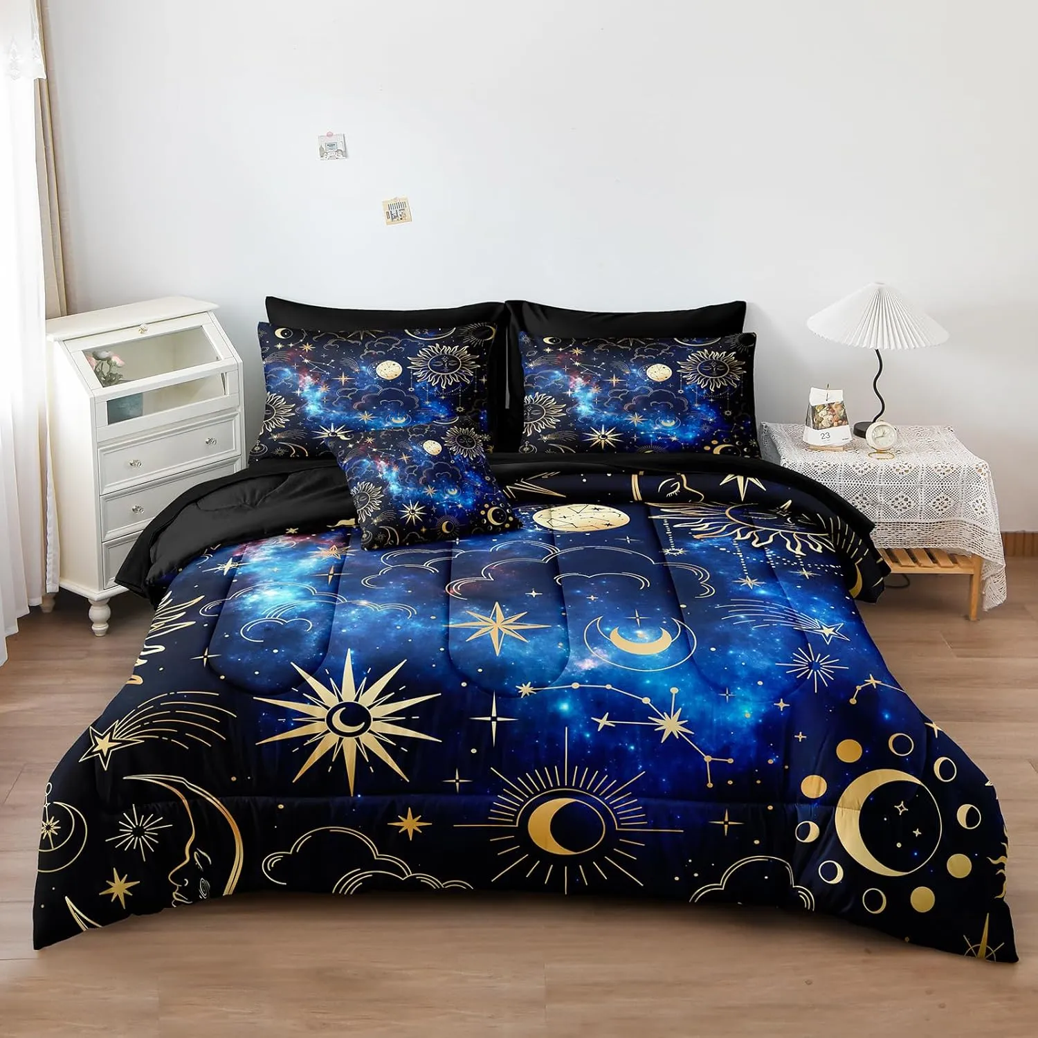 Black Purple Full Size Bed in a Bag Sun and Moon Bedding Set Mysterious Space Home Decor Romantic Galaxy Down Comforter Set Black Sheet Set 8 Pcs Soft Microfiber for Kids Adults