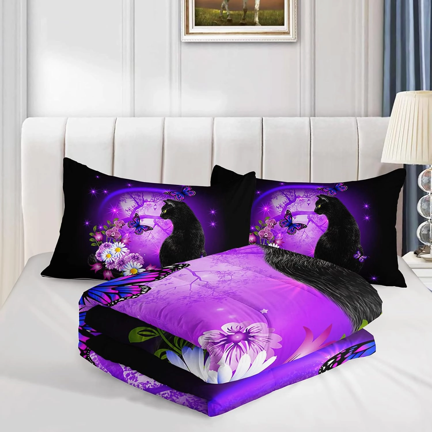 Black Cat Bedding Cartoon Cat Comforter Set Full,Daisy Butterflies Printed Kids Bedding Set for Kids Boys Girls Adults Room Decor,Kids Comforter Set All Season,1 Quilt 2 Pillow Cases