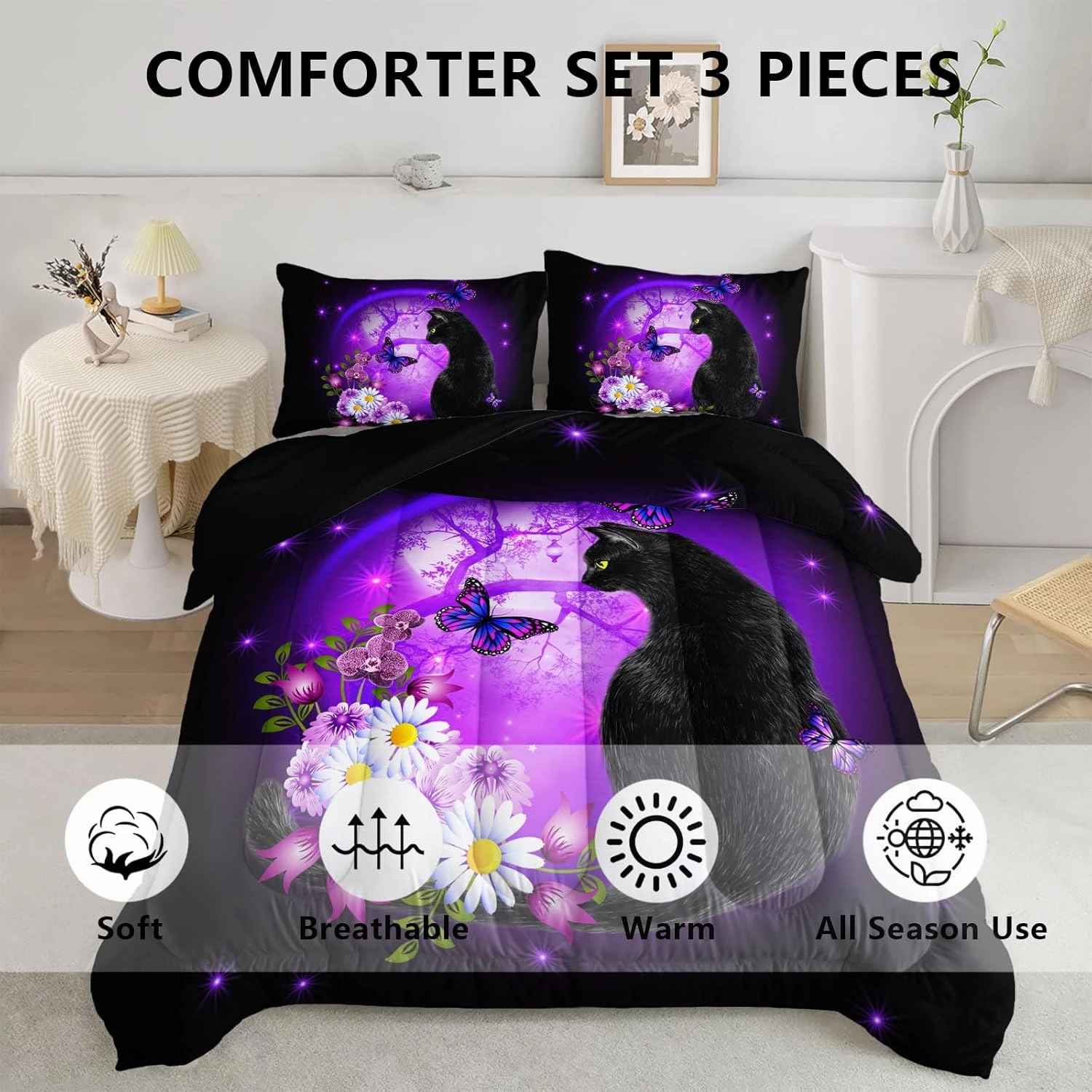 Black Cat Bedding Cartoon Cat Comforter Set Full,Daisy Butterflies Printed Kids Bedding Set for Kids Boys Girls Adults Room Decor,Kids Comforter Set All Season,1 Quilt 2 Pillow Cases
