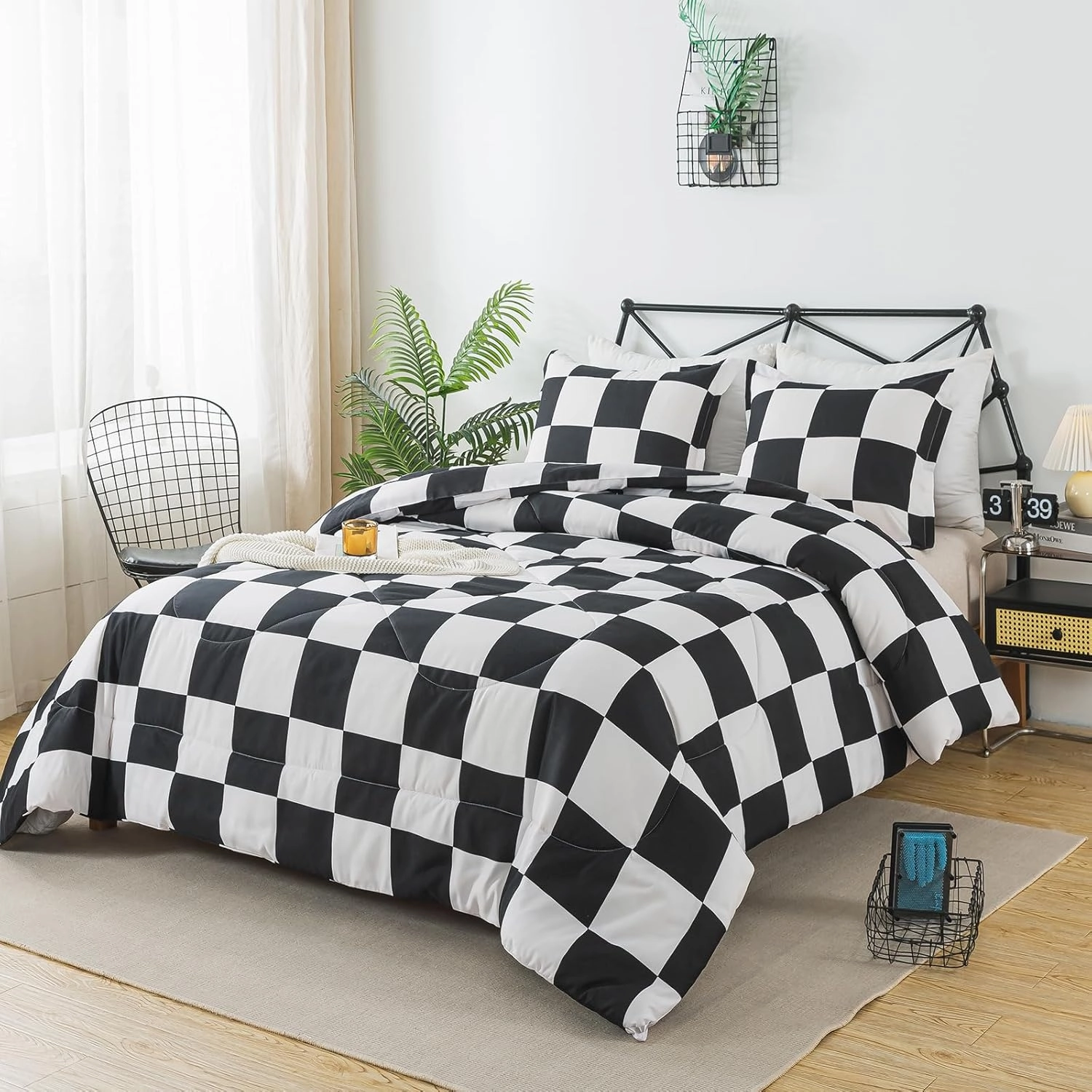 Black White Plaid Comforter Set Full Size, Buffalo Check Plaid Comforter Bedding Set for All Seasons, Farmhouse Soft Microfiber Comforter with Pillowshams