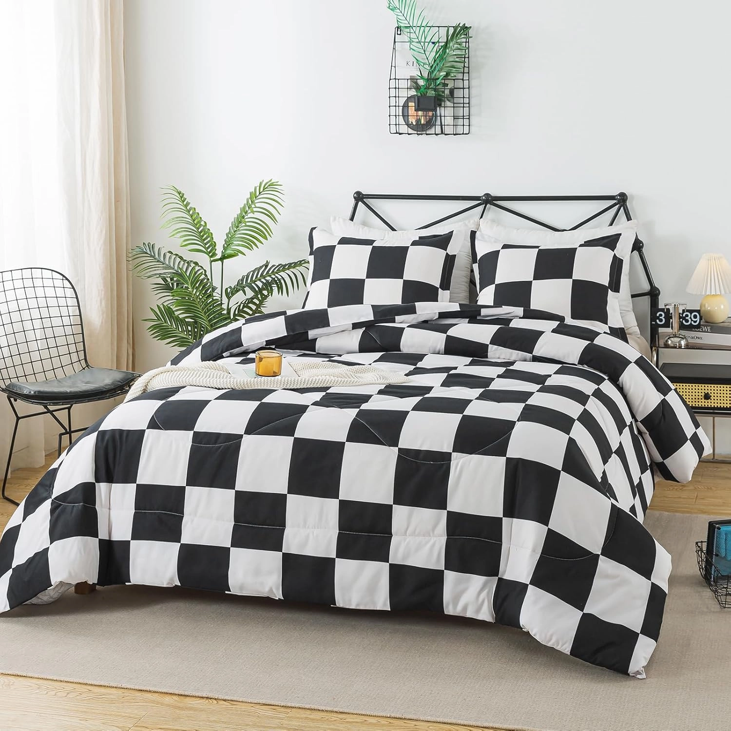 Black White Plaid Comforter Set Full Size, Buffalo Check Plaid Comforter Bedding Set for All Seasons, Farmhouse Soft Microfiber Comforter with Pillowshams