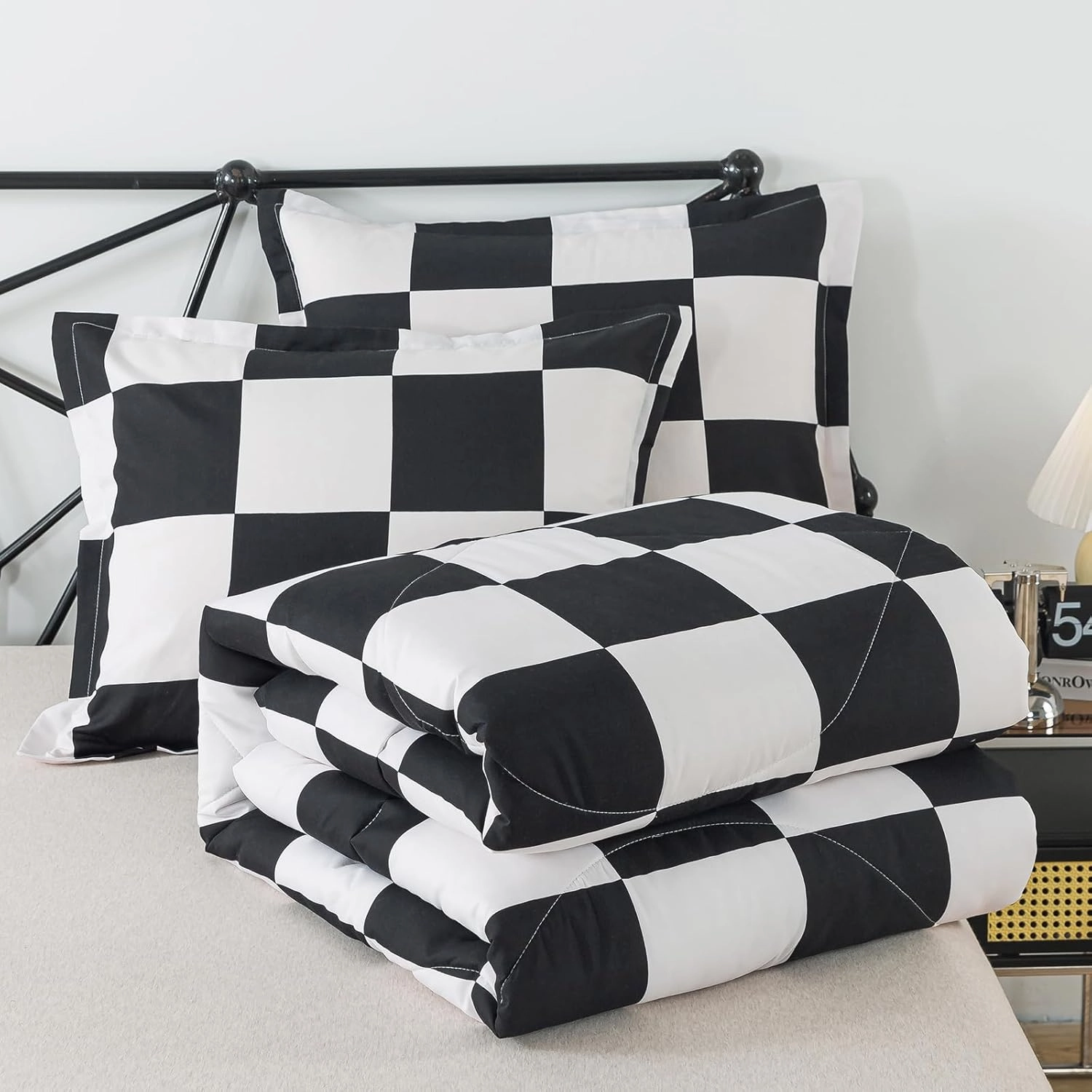 Black White Plaid Comforter Set Full Size, Buffalo Check Plaid Comforter Bedding Set for All Seasons, Farmhouse Soft Microfiber Comforter with Pillowshams