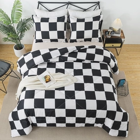 Black White Plaid Comforter Set Full Size, Buffalo Check Plaid Comforter Bedding Set for All Seasons, Farmhouse Soft Microfiber Comforter with Pillowshams