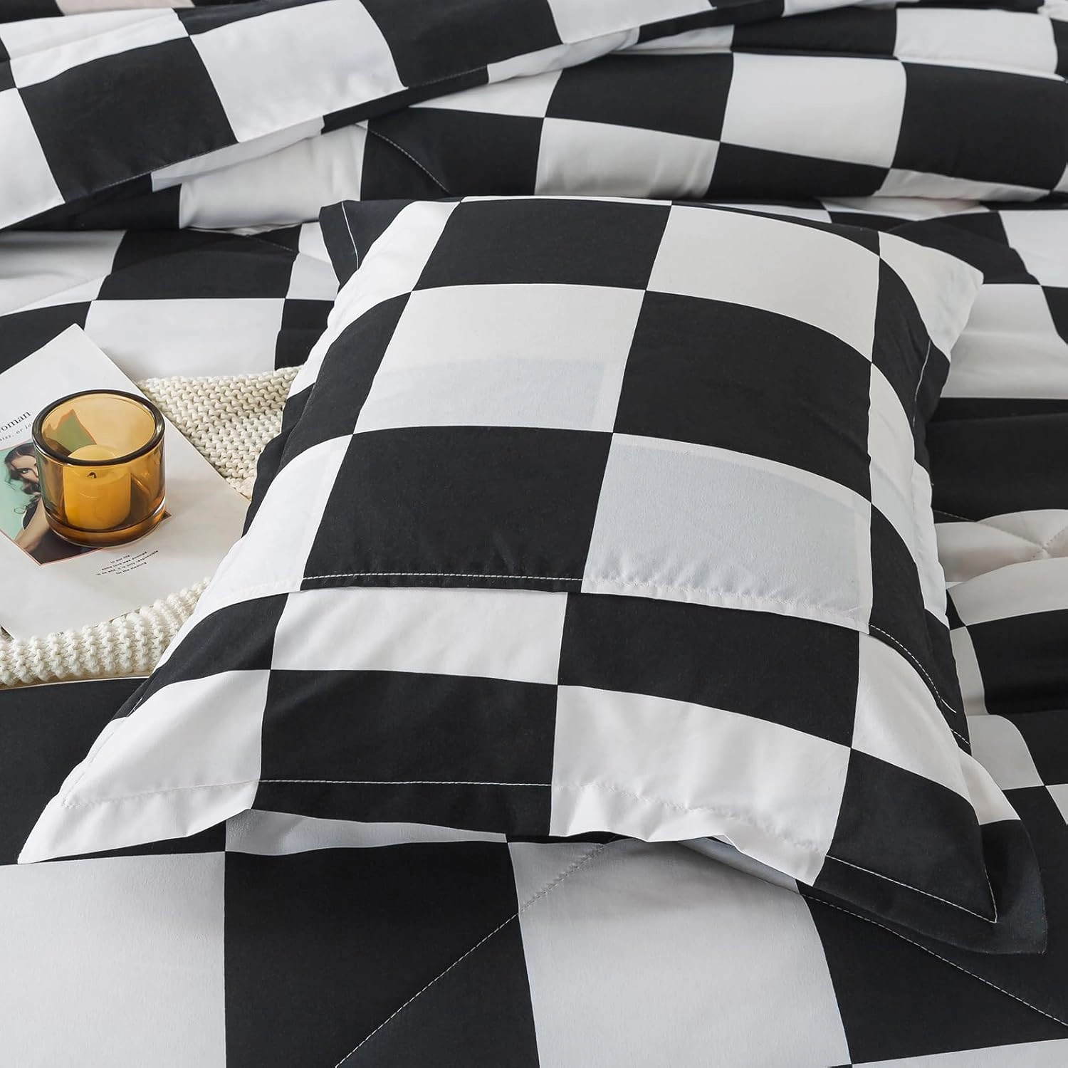 Black White Plaid Comforter Set Full Size, Buffalo Check Plaid Comforter Bedding Set for All Seasons, Farmhouse Soft Microfiber Comforter with Pillowshams