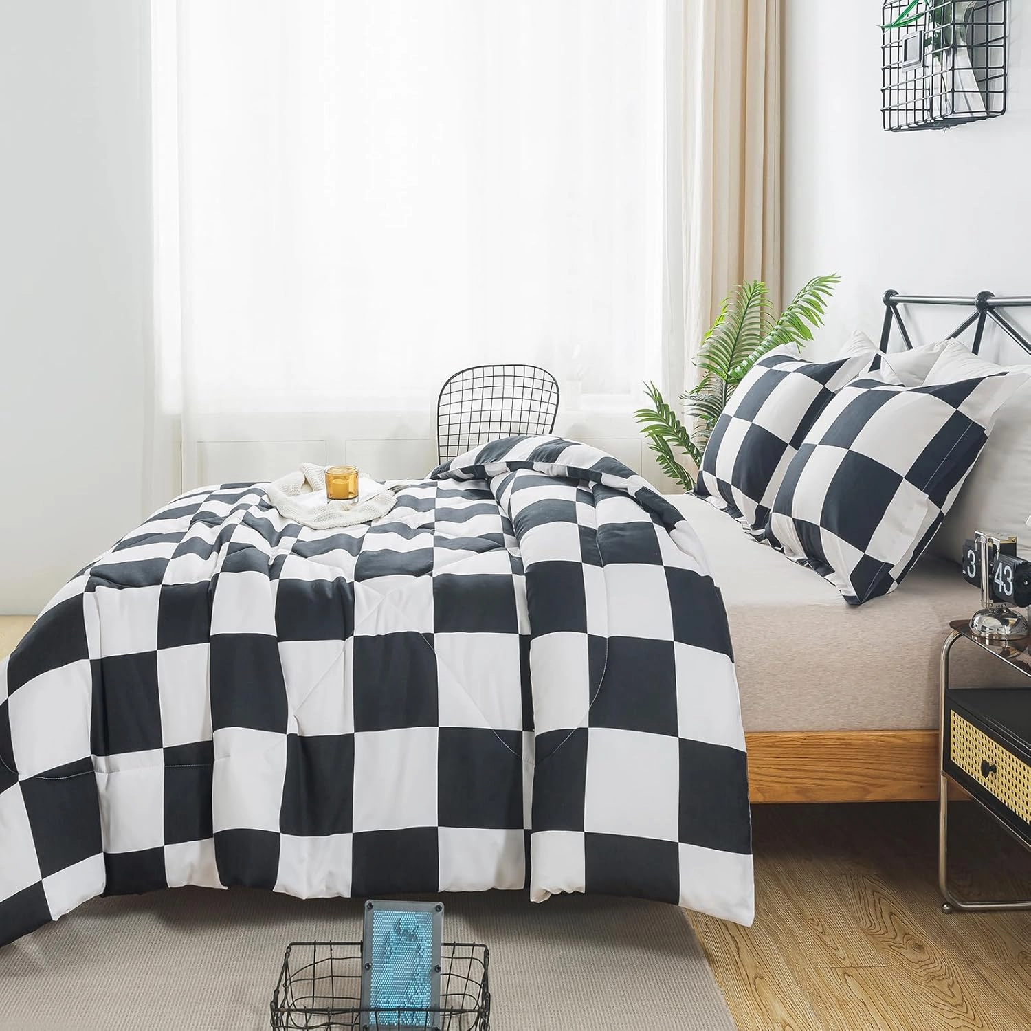 Black White Plaid Comforter Set Full Size, Buffalo Check Plaid Comforter Bedding Set for All Seasons, Farmhouse Soft Microfiber Comforter with Pillowshams