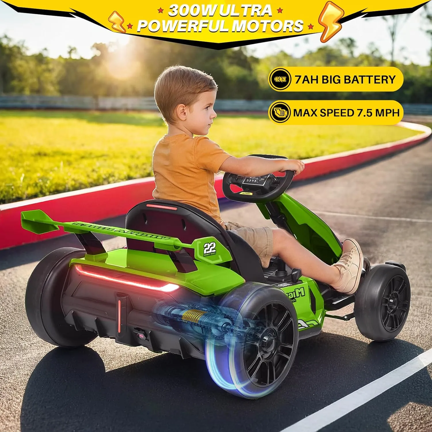 Blitzshark 24V Kids Go Kart 300W Powerful Drift Kart Electric Pedal Kart Outdoor Race Toy, with 2X150W Strong Motor, 7AH Big Battery, Drift/Sports Mode, Green