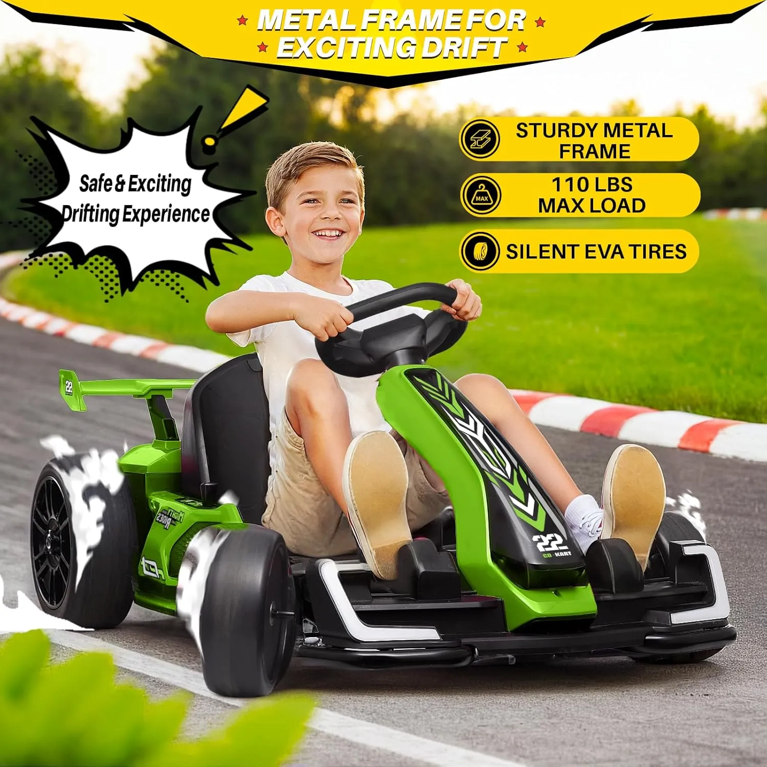Blitzshark 24V Kids Go Kart 300W Powerful Drift Kart Electric Pedal Kart Outdoor Race Toy, with 2X150W Strong Motor, 7AH Big Battery, Drift/Sports Mode, Green