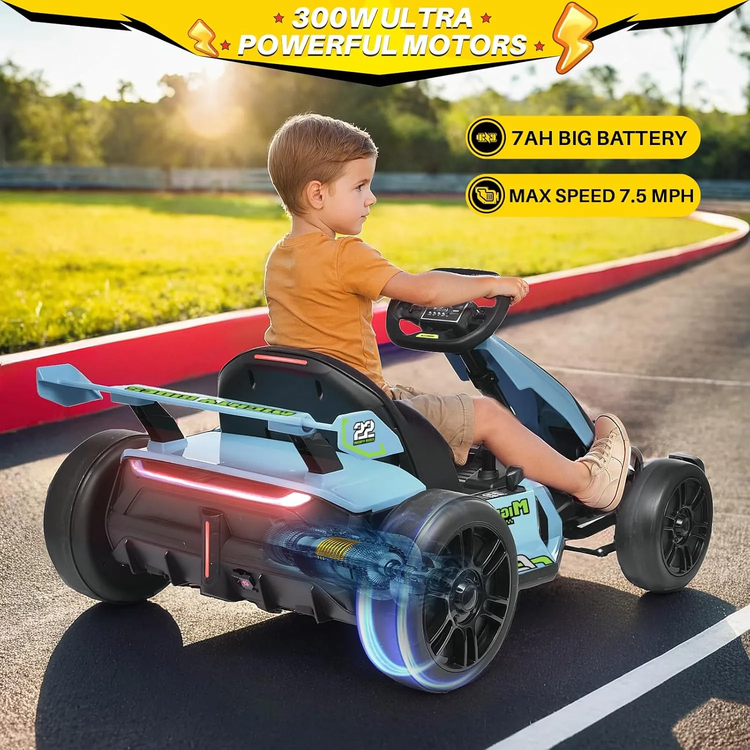 Blitzshark 24V Kids Go Kart 300W Powerful Drift Kart Electric Pedal Kart Outdoor Race Toy, with 2X150W Strong Motor, 7AH Big Battery, EVA Tire, Drift/Sports Mode, Brake Pedal, Length Adjustment, Blue
