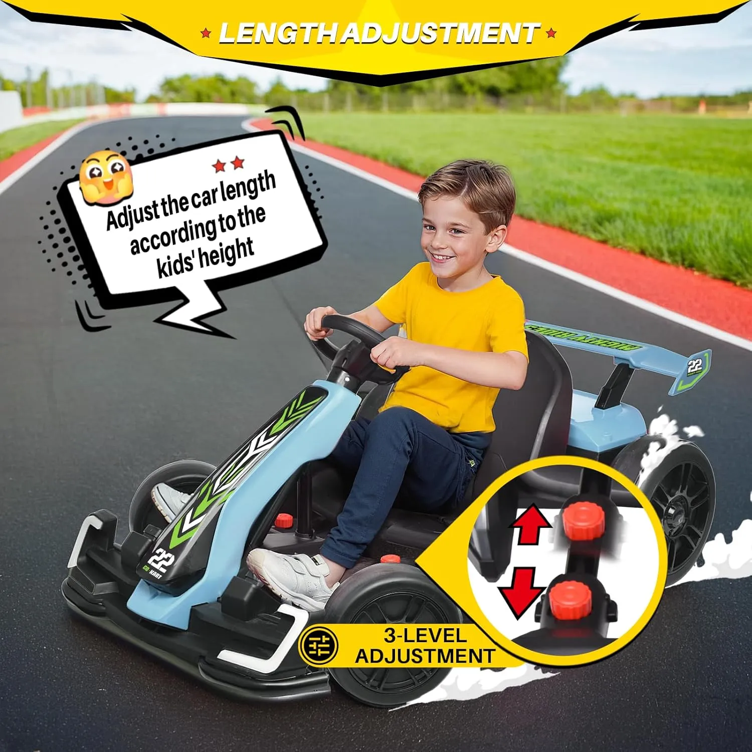 Blitzshark 24V Kids Go Kart 300W Powerful Drift Kart Electric Pedal Kart Outdoor Race Toy, with 2X150W Strong Motor, 7AH Big Battery, EVA Tire, Drift/Sports Mode, Brake Pedal, Length Adjustment, Blue