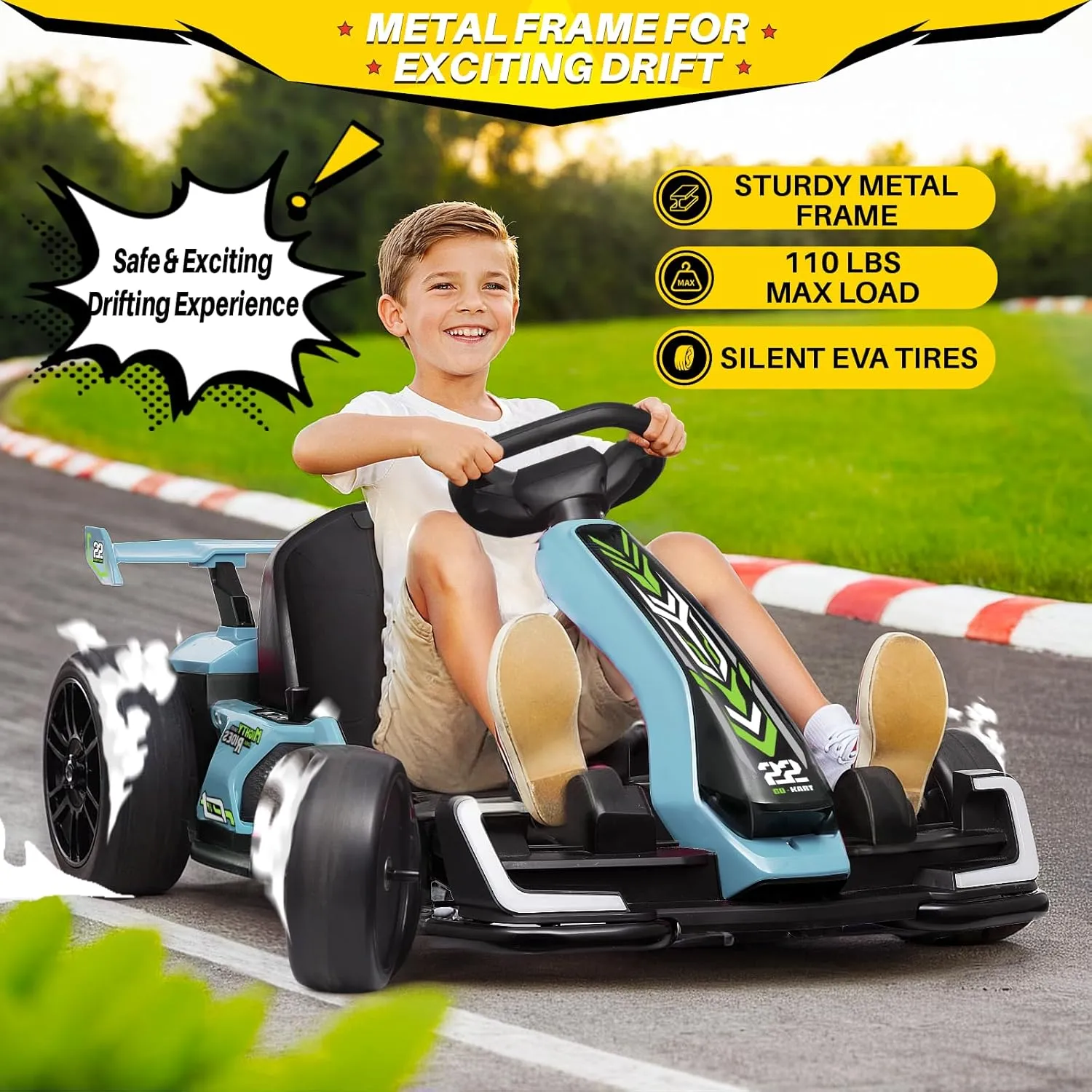 Blitzshark 24V Kids Go Kart 300W Powerful Drift Kart Electric Pedal Kart Outdoor Race Toy, with 2X150W Strong Motor, 7AH Big Battery, EVA Tire, Drift/Sports Mode, Brake Pedal, Length Adjustment, Blue