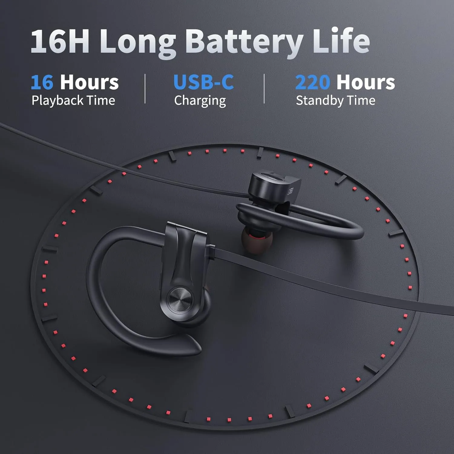 Bluetooth Headphones, Wireless Earbuds Bluetooth 5.3 Headphones with 16Hrs Playtime Stereo Bass Headsets, IPX7 Waterproof Running Earphones for Sports, Black