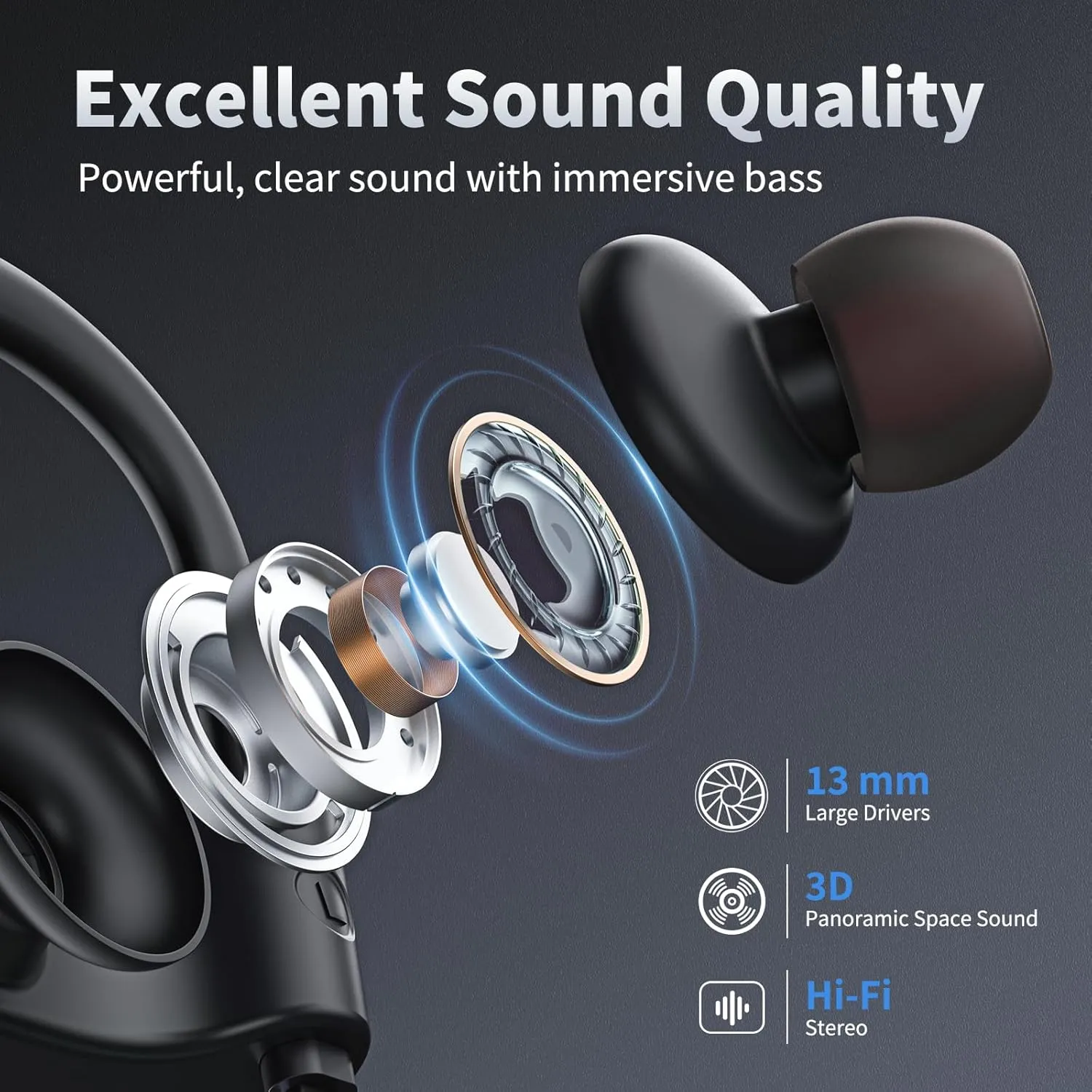 Bluetooth Headphones, Wireless Earbuds Bluetooth 5.3 Headphones with 16Hrs Playtime Stereo Bass Headsets, IPX7 Waterproof Running Earphones for Sports, Black