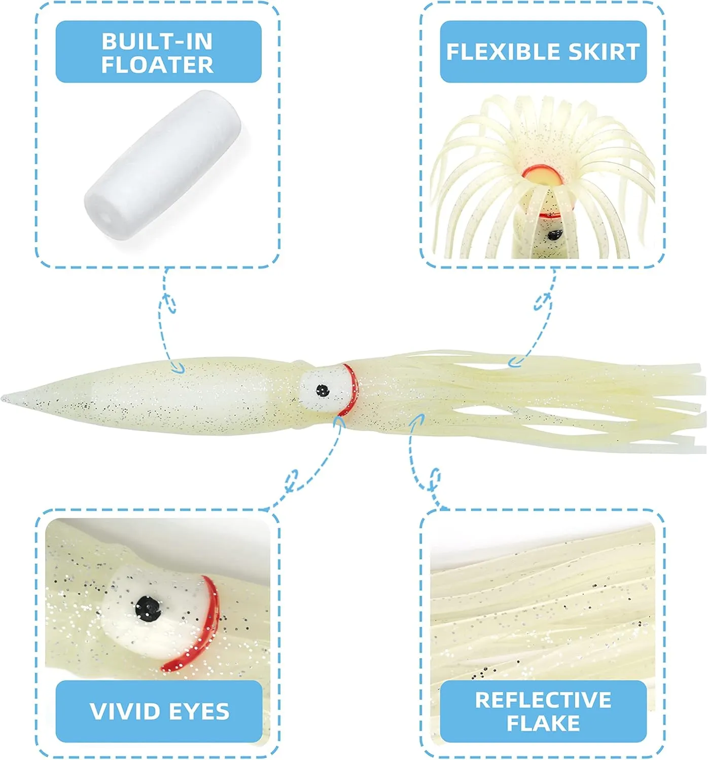 BLUEWING 10pcs Trolling Squid Skirts Fishing Saltwater with Float Inside 6in/9in Octopus Lures for Tuna, Mahi, Marlin, Big Game Fish