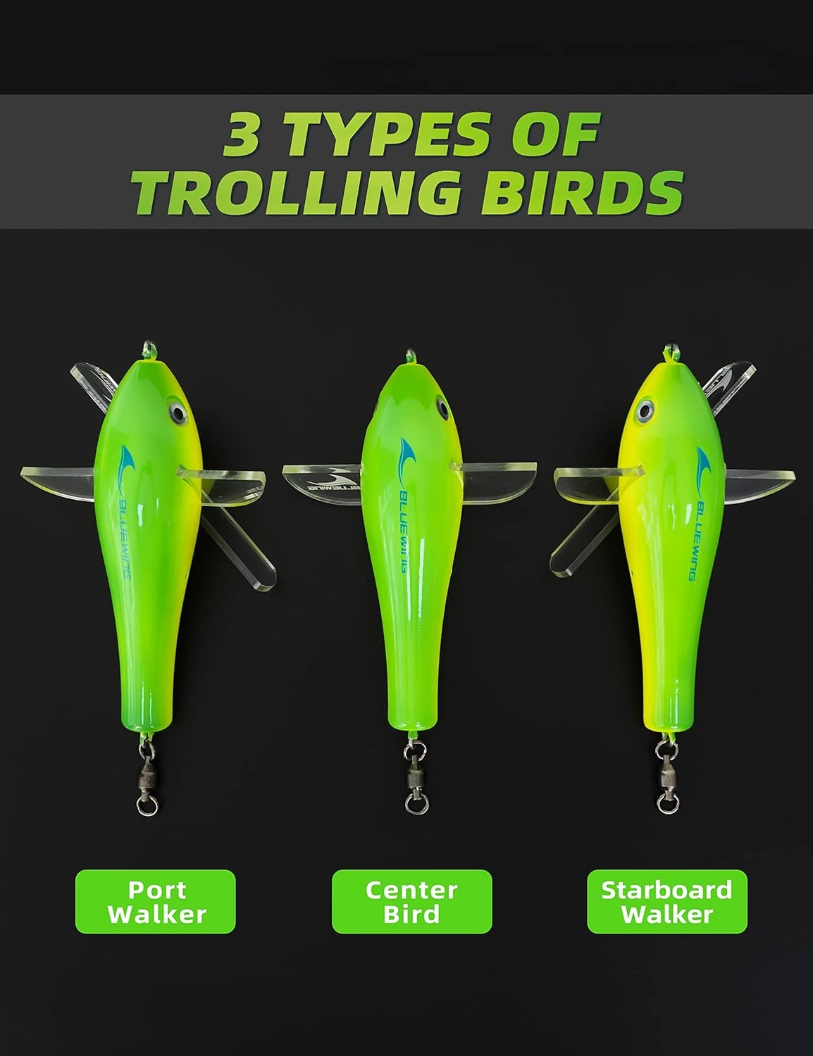 BLUEWING 18"/36" Fishing Spreader Bar Splasher/Port/Starboard Walker Offshore with 6in/9in Floating Squids, Trolling Birds and 316 Stainless Steel Rod for Wahoo Tuna Marlin Mahi, Includes Mesh Bag