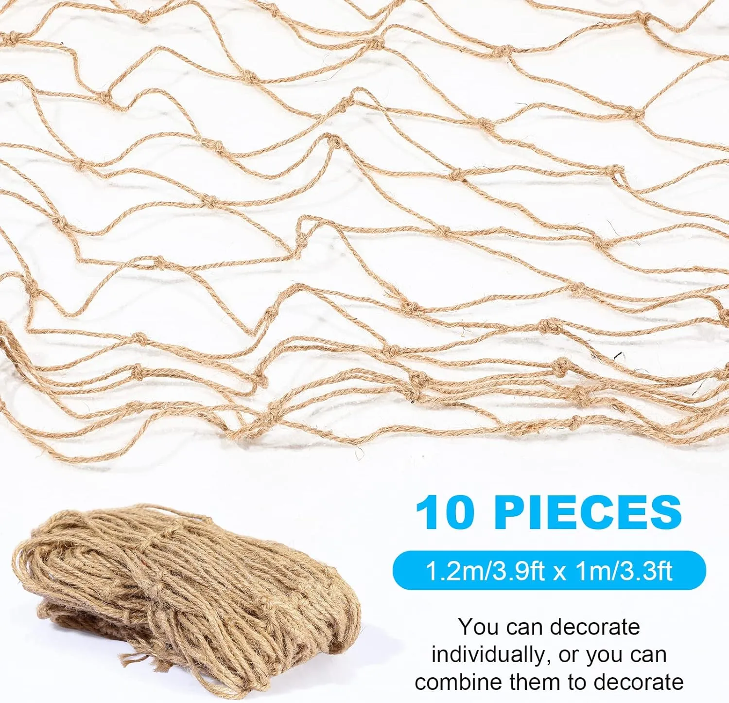 Boao Natural Fish Net Decorations for Pirate Party, Cotton and Linen Fishing Net Prop Pirate Ship Decoration for Hawaiian Fishnet Decor Nautical Themed Birthday Party Supplies(10 Pack)
