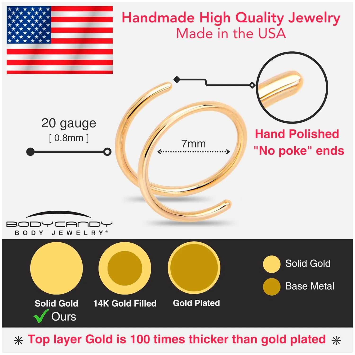 Body Candy 14k Solid Gold Double Hoop Nose Ring for Single Piercing - Handmade in USA by Master Jeweler - Hypoallergenic Real Gold Spiral Nose Jewelry for Women and Men -20 Gauge 7mm Left