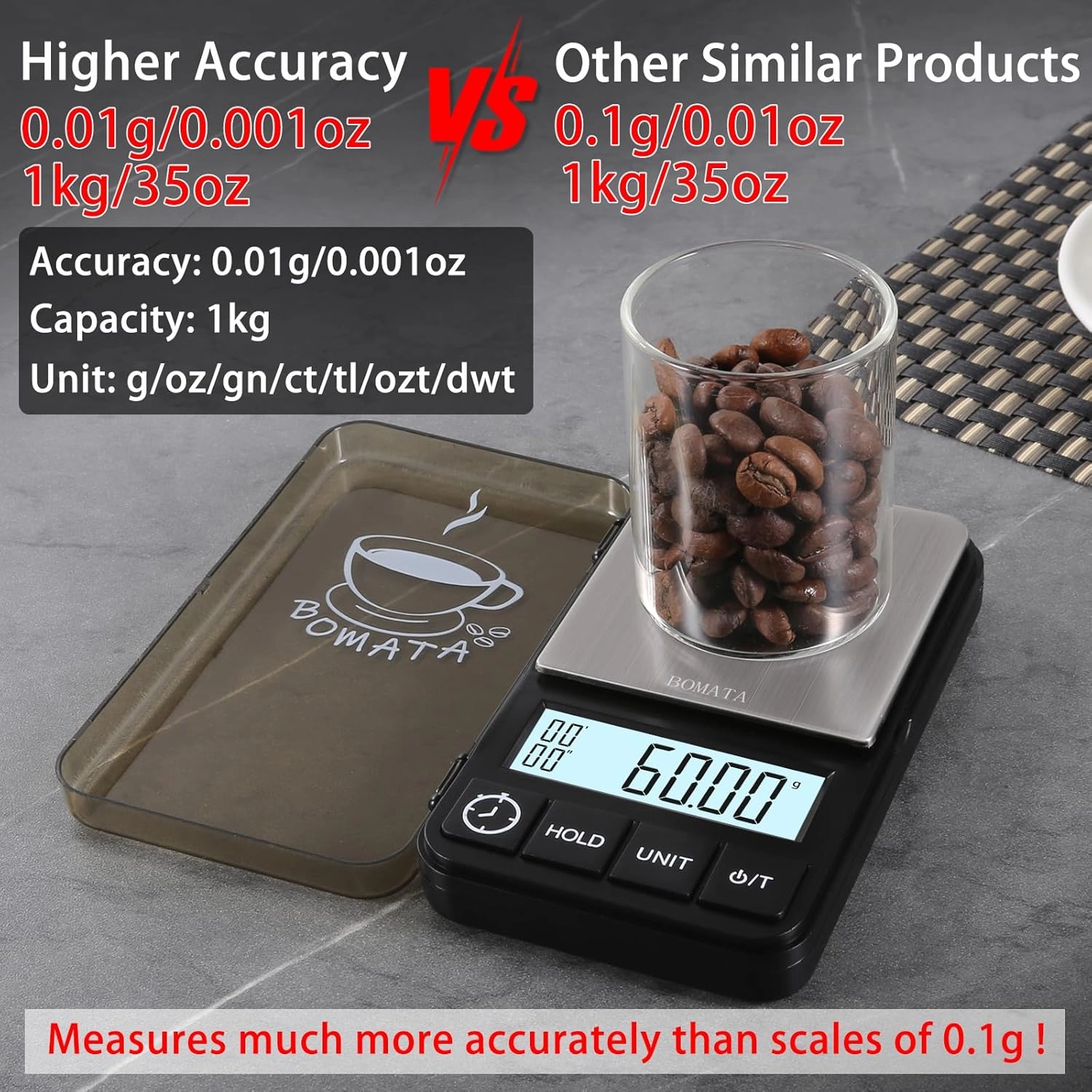 BOMATA 1000 g x 0.01 g Espresso Scale with Timer, Mini Digital Small & Thin Travel Coffee Pocket Scale, Grams and Ounces with Silicone Mat, High Precision.. CS150 0.01 g