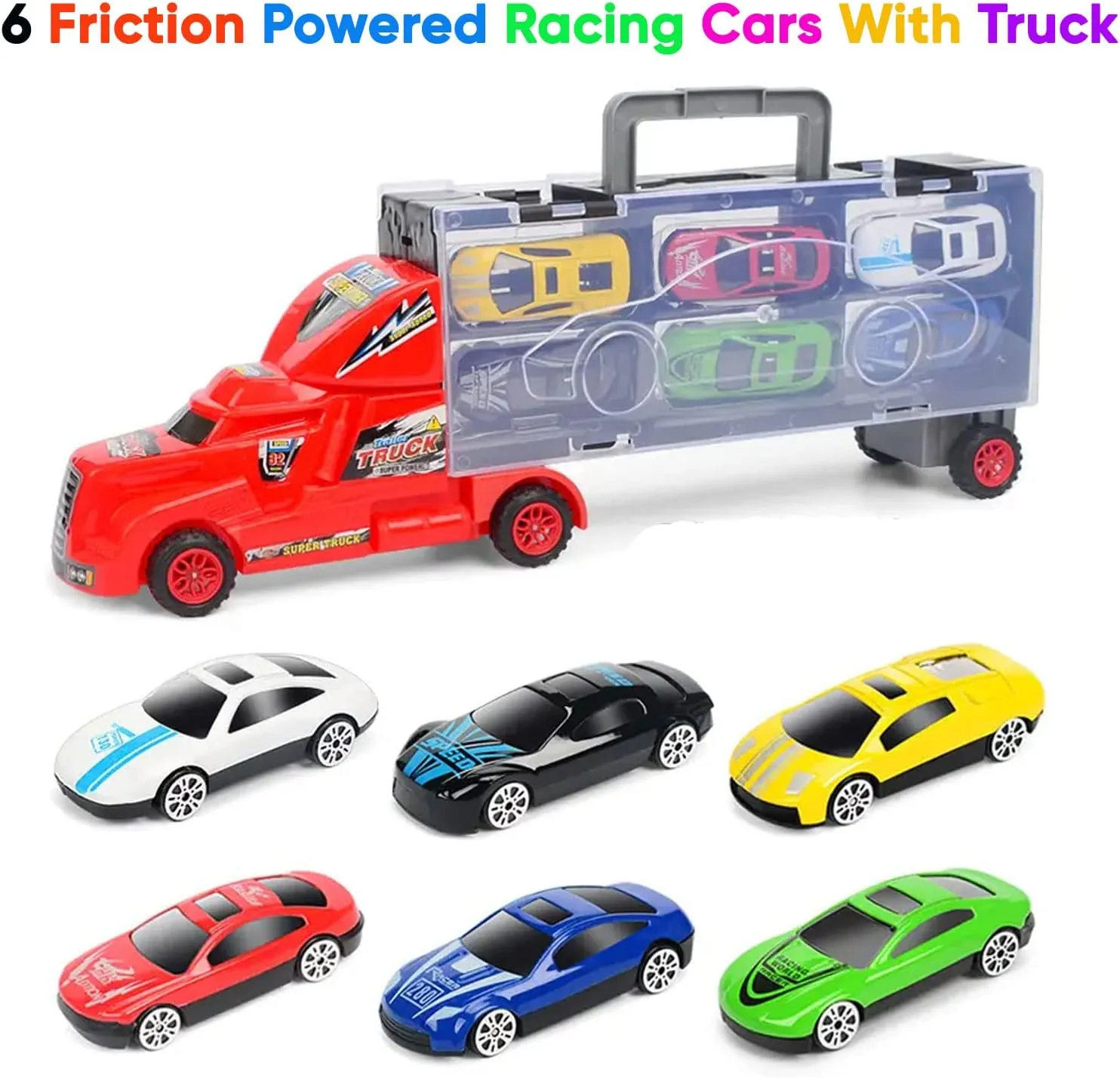 BPC Large Toy Truck Die Cast Transport Vehicle with 6 Friction Powered Racing Cars (No Battery Needed)