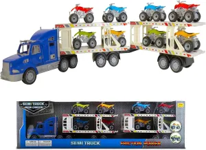 BPC Semi Truck Strong Safe Transport Vehicle, Includes Dual Hauler Trailers and 8 Battery-Less Fast Racing ATV Cars