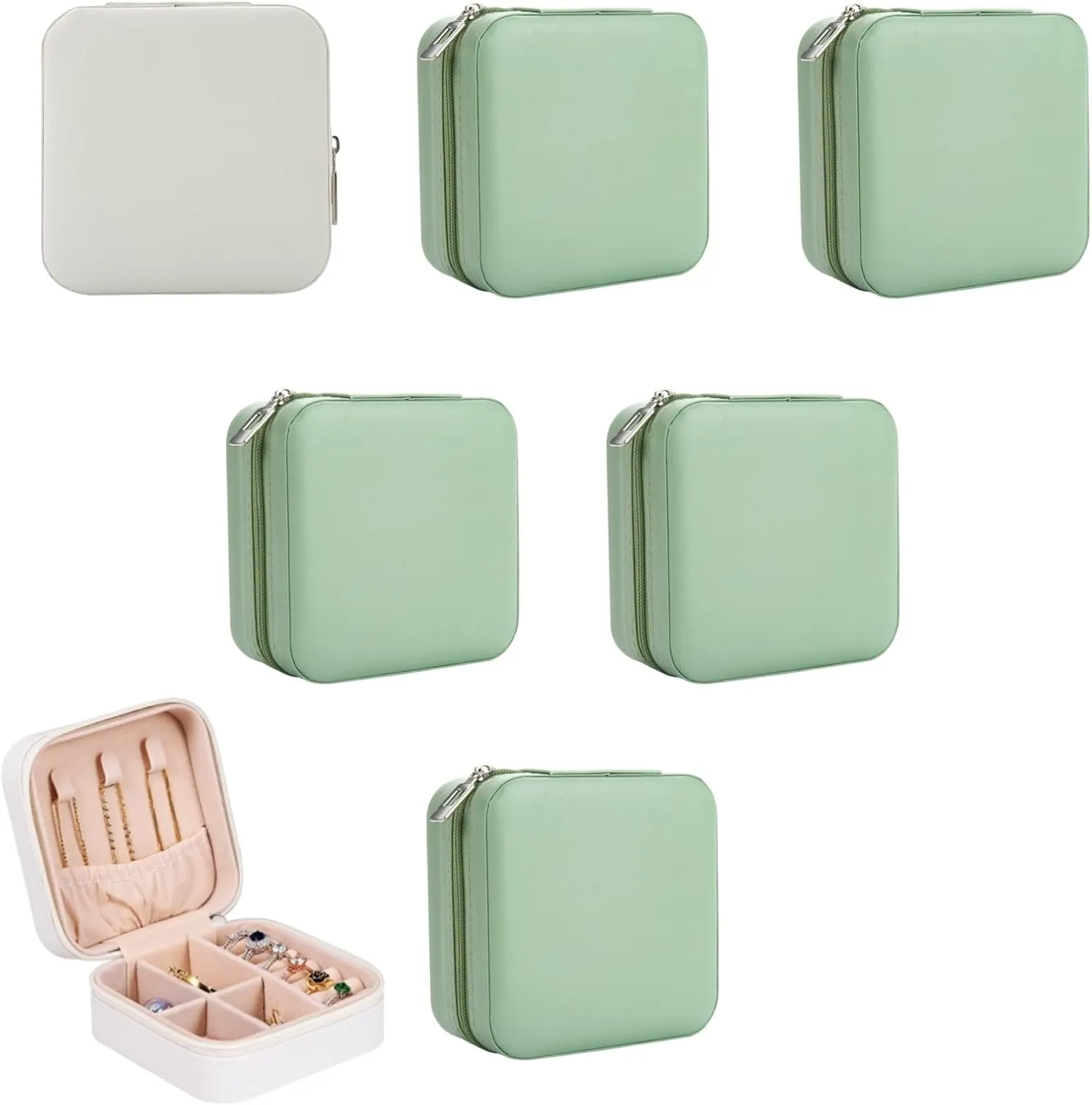 Bridesmaid Proposal Gifts Travel Jewelry Case Bachelorette Party Favors Small Jewelry Box Bridesmaid Gift Organizer Storage Box (6, White&Sage Green)