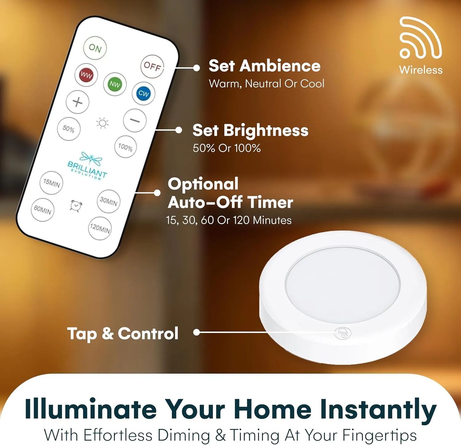Brilliant Evolution Wireless LED Puck Light 3 Pack | Works With Remote Control | Under Cabinet , Closet Light | Battery Powered | Under Counter Lighting | Stick On Lights